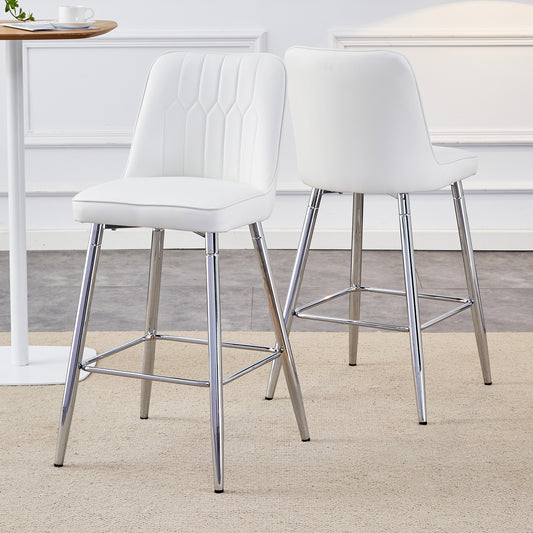 Set Of 2 Bar Stools, 100 Cm High, White PU Leather With Silver-coloured Metal Frame And Comfortable Footrest. Available In Several Colours - The Ideal Choice For Your Home Bar.