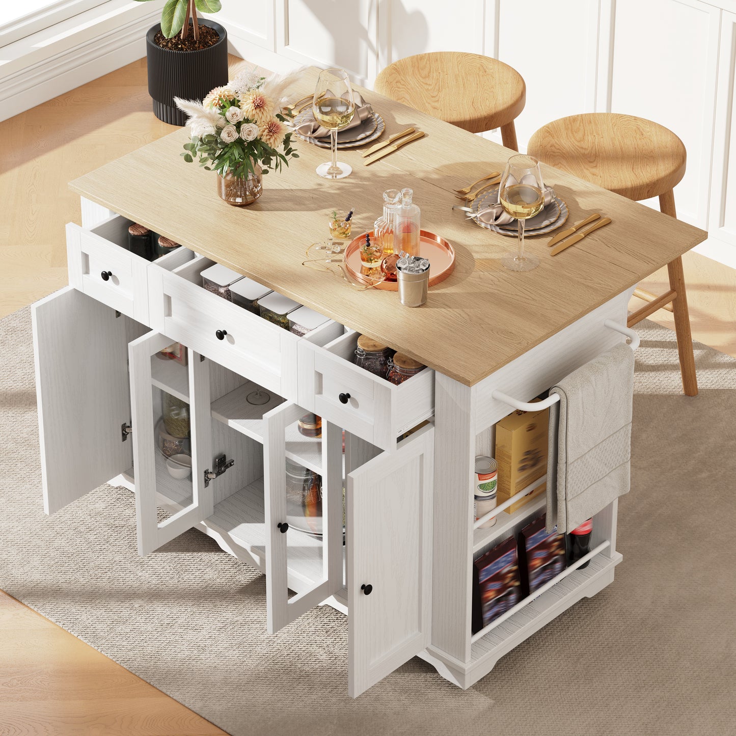 Kitchen Island, Removable Dividers, Kitchen Cabinet, Dining Cart With Countertop, Buffet Cabinet, Wood-Grain Dining Cart, Buffet Cabinet, Tempered Glass Cabinet, White