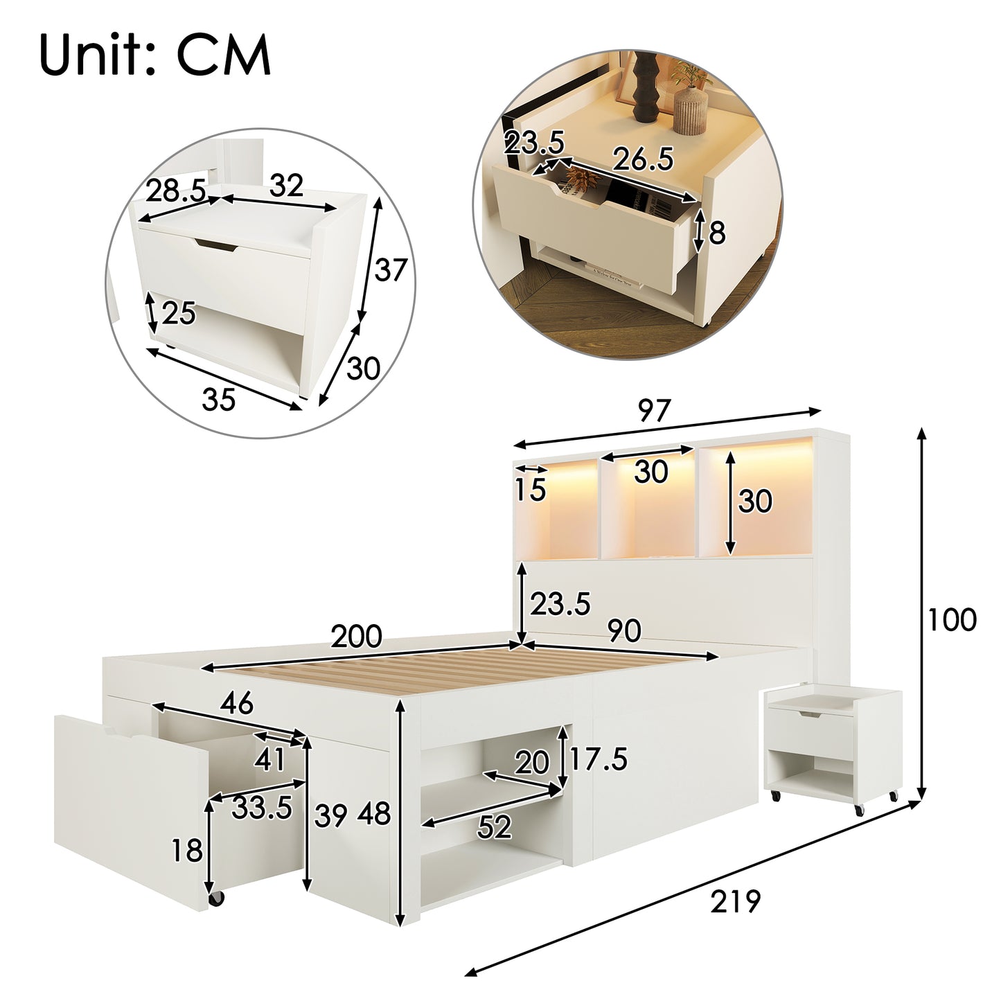 Functional Bed 90x200 Cm White With Storage And Movable Bedside Table 1 Piece , Single Bed Wood With LED Lighting USB-C Charging Function, Youth Bed With Drawers And Shelves, With Mattress