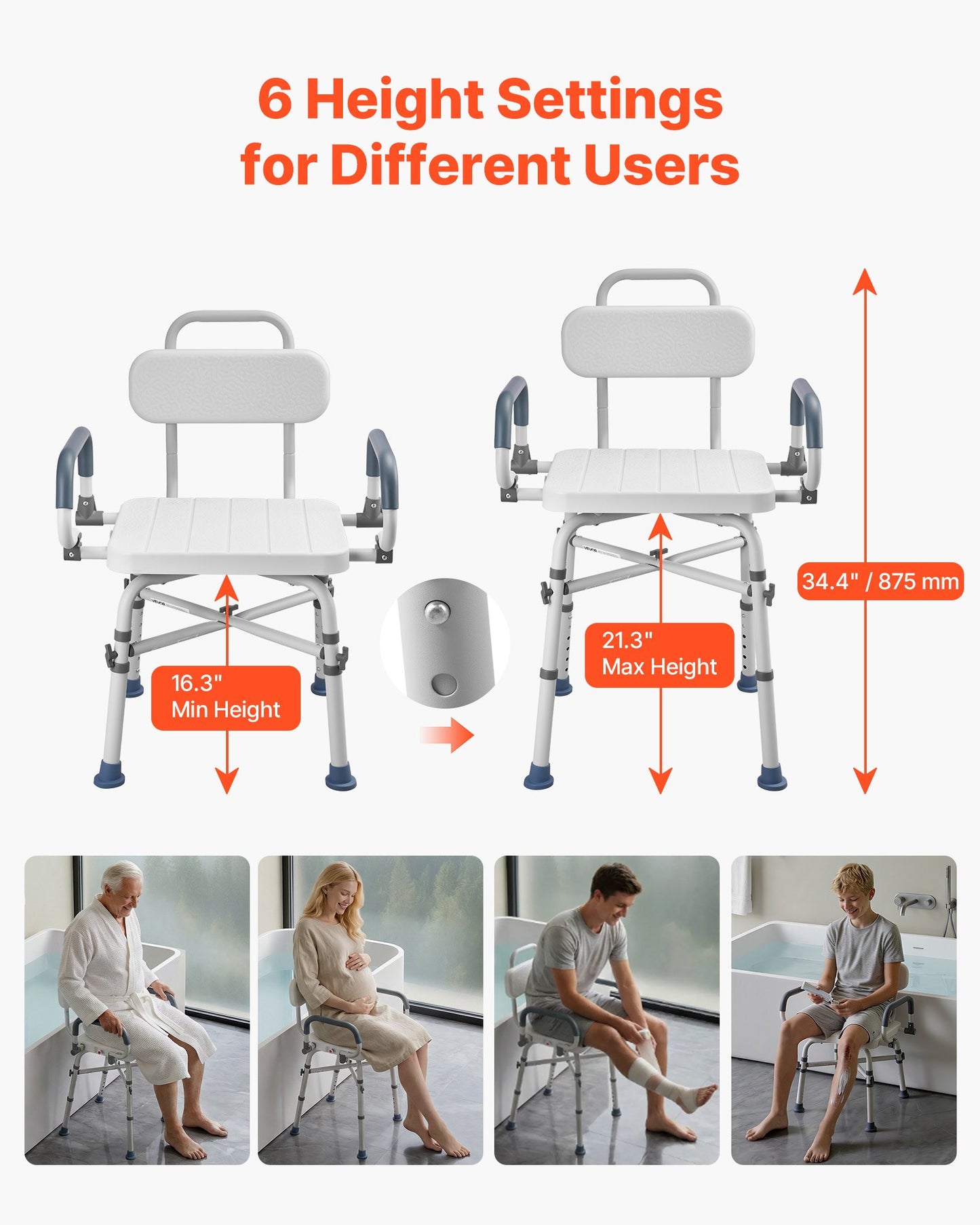 Swivel Shower Chair With Arms And Back, 500 Lbs Heavy Duty Bench Seat For Inside Shower Stall And Bathtub, Height Adjustable Bathroom Bath Tub Seat For Adults, Seniors, Elderly And Disabled
