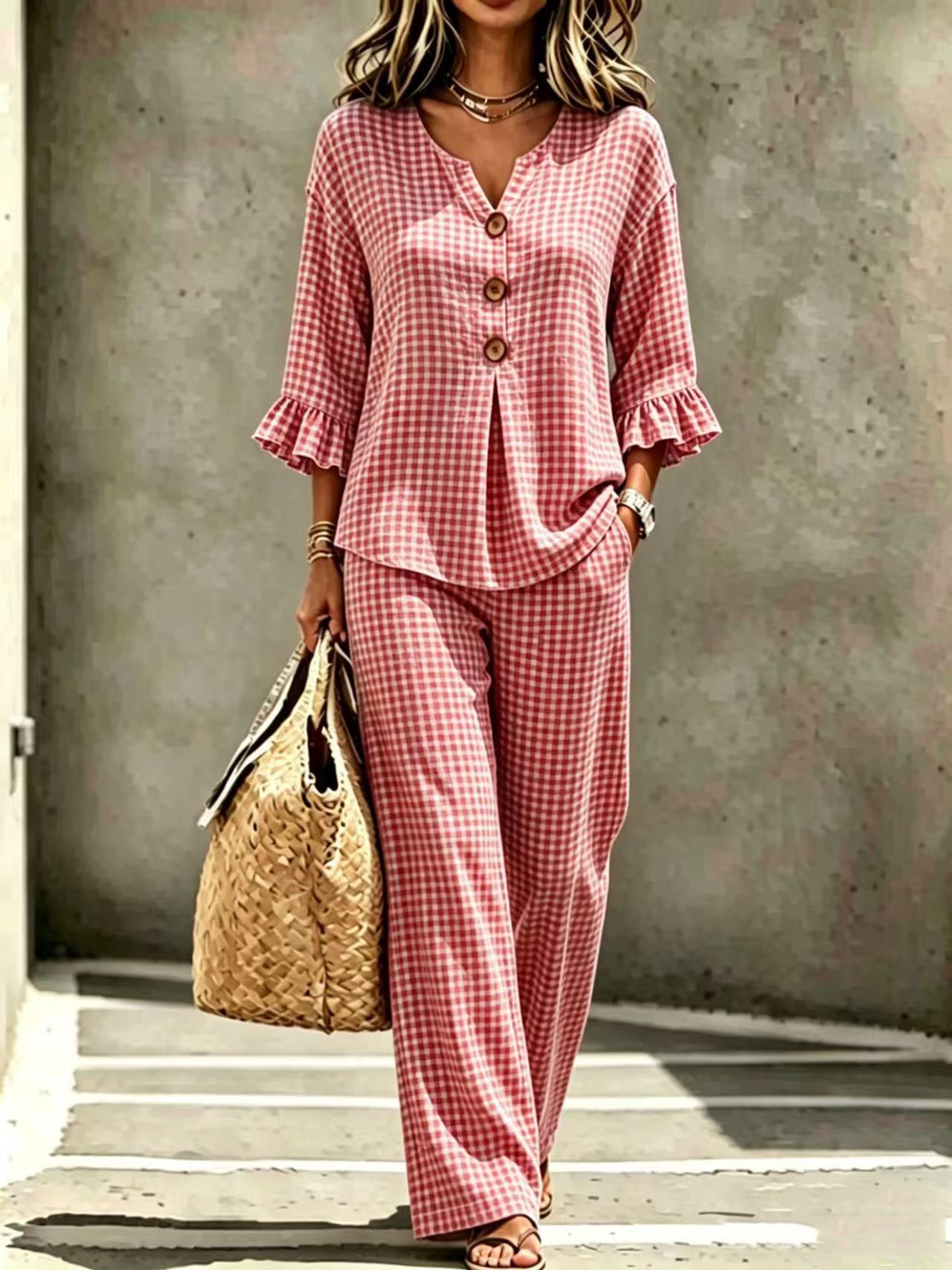 Womens New Casual Buttoned V-Neck Ruffled Hem Plaid Three-Quarter-Sleeve Top And Pants Set
