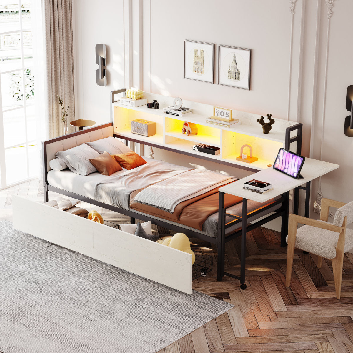 Iron Sofa Bed 90 X 200 Cm, With LED Lighting And Storage Space, With Drawers And Multifunctional Socket, Fold-out Desk, Soft Backrest, Single Bed, White