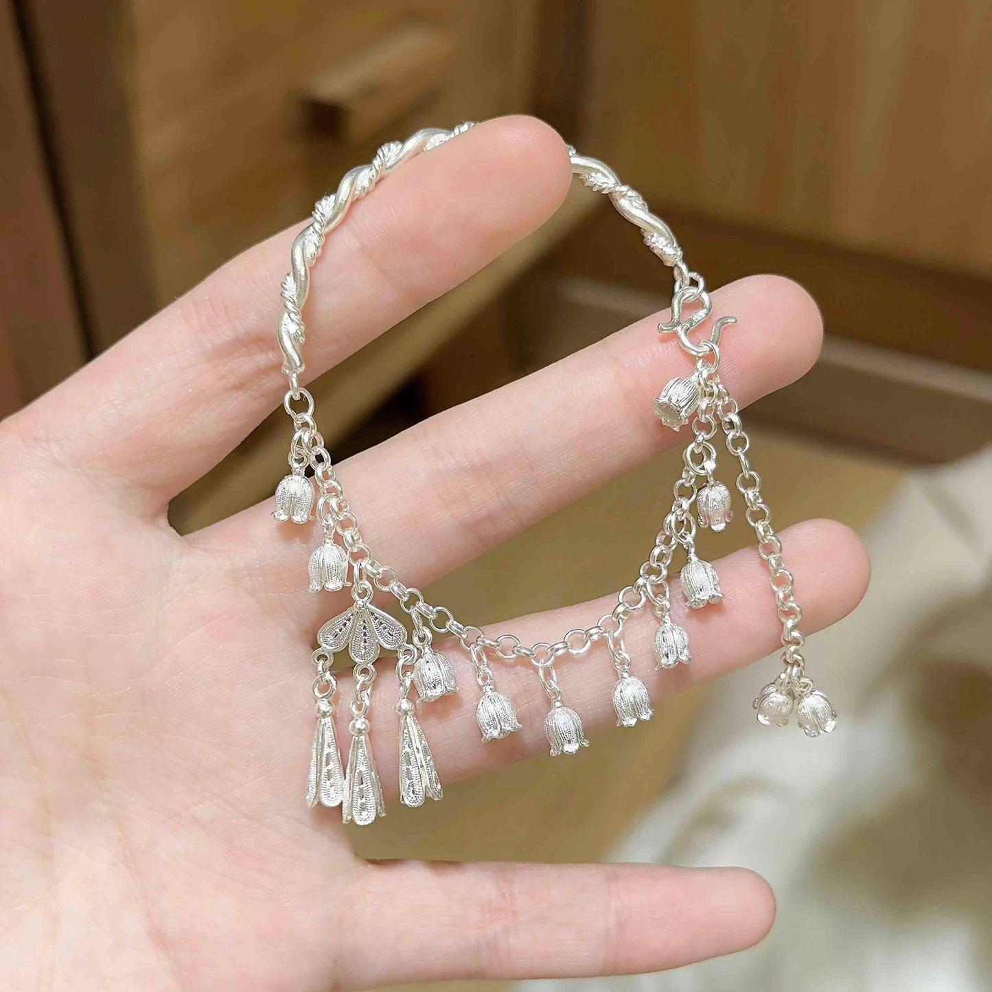 1pc 999 Sterling Silver Lily Of The Valley Tassel Bracelet, Delicate Chinese Style, Perfect For Daily Wear And Holiday Gift