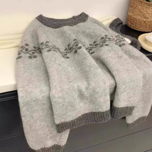 Korean Style Round Neck Jacquard Color Matching Niche Design Sweater
