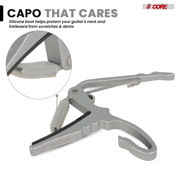 5Core Capo Acoustic Electric Guitar String Clip Banjo Mandolin Or Ukulele + 6Pcs Guitar Picks Celluloid Puas Para Guitarra + Carry Bag - CAPO AL SLV