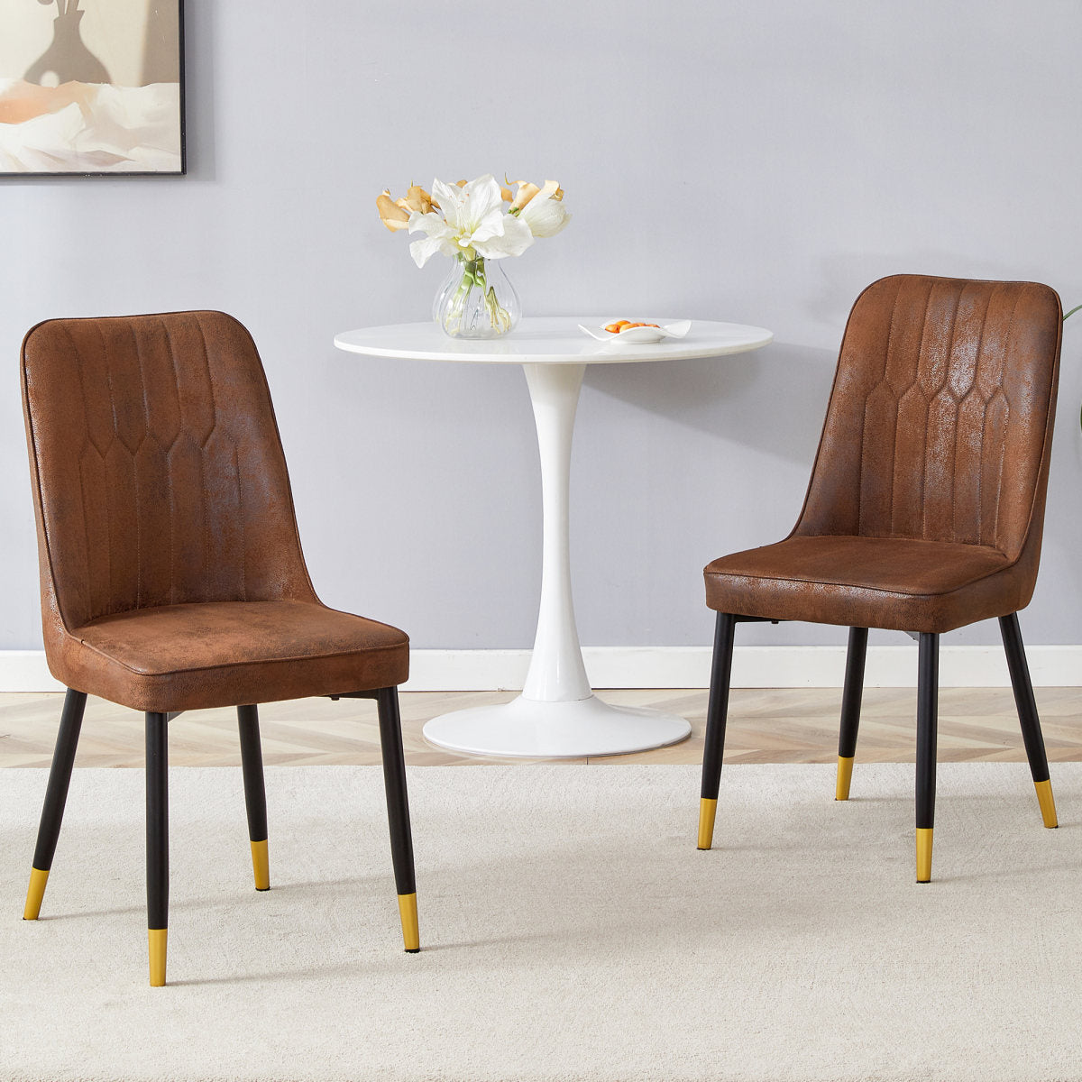 Set Of 2 Dining Chairs -Modern Brown Dining Chairs With Tech Fabric Backrest And Black Metal Legs, Suitable For Various Areas Such As Dining Room, Kitchen And Bedroom.
