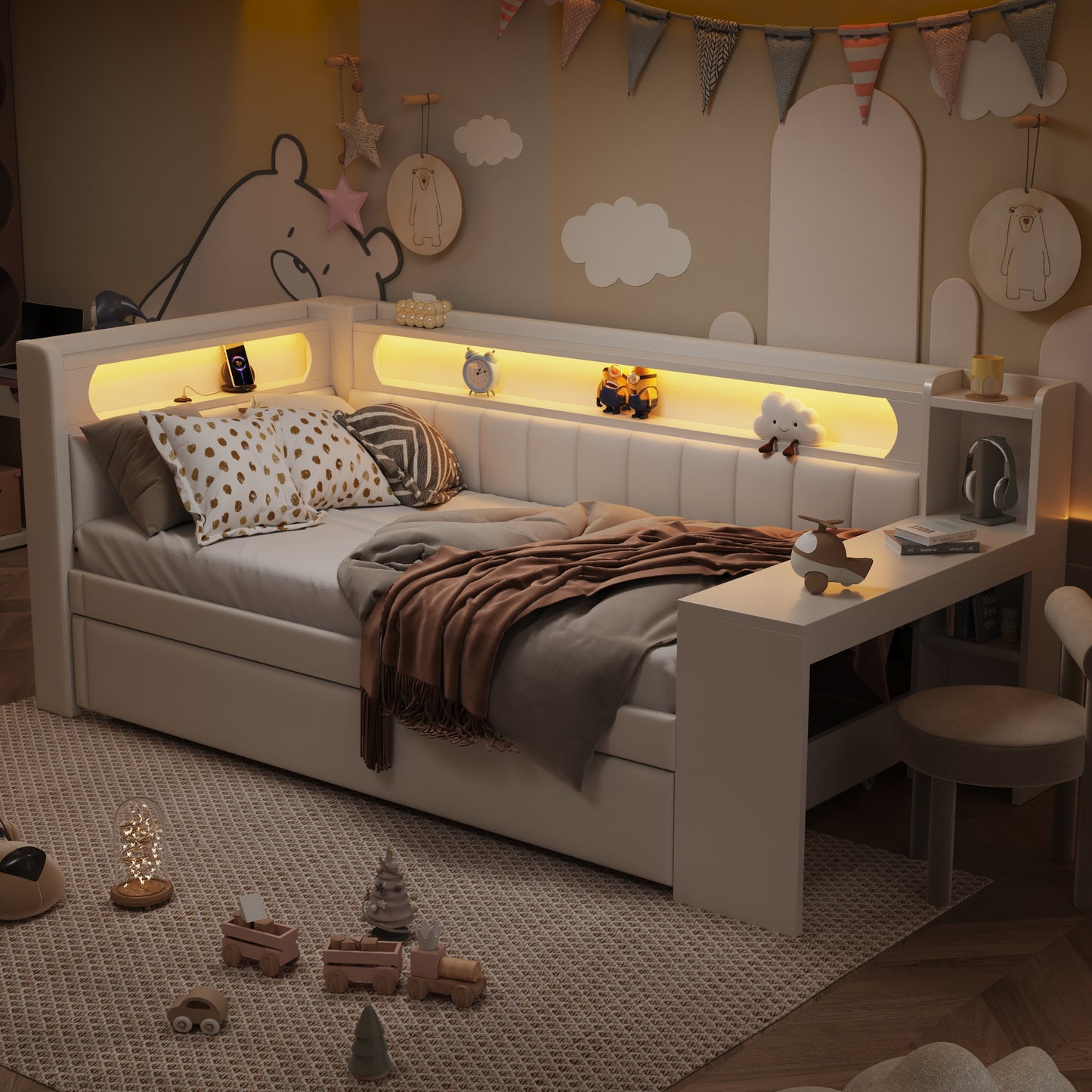 Padded 90x200 Daybed With USB Ports And LED Belt, With Trundle Bed And Desk, White