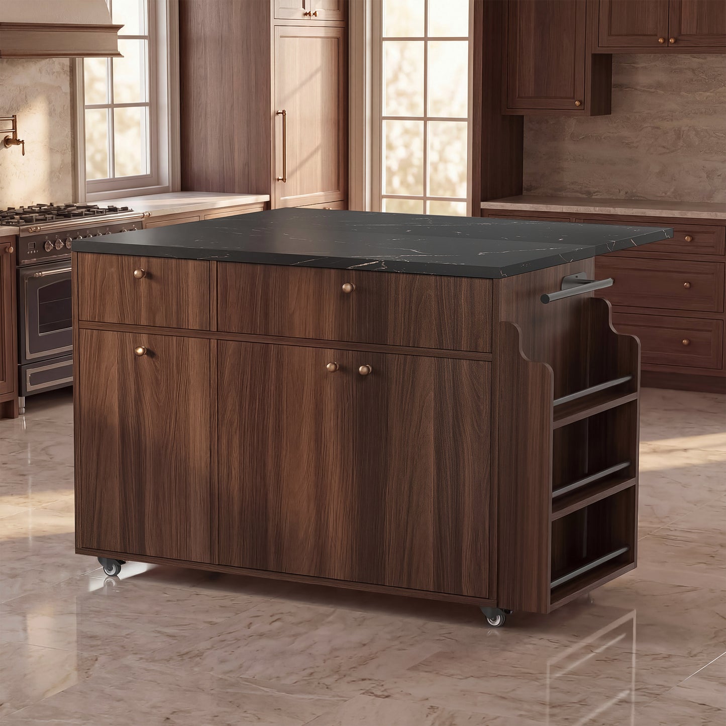 Kitchen Island With Storage Rolling Kitchen Island Cart With Drop Leaf Extension, Black Marble Top, Drawers, Spice Rack, Towel Bar, Mobile Kitchen Cart For Kitchen & Dining Room