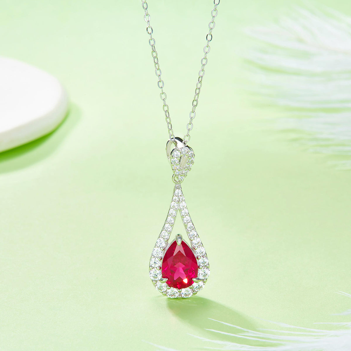S925 Sterling Silver Teardrop Pendant Necklace, 11x7mm Lab-Grown Ruby & Emerald, Platinum Plated 45cm, 3.7g Women's Jewelry Gift Box