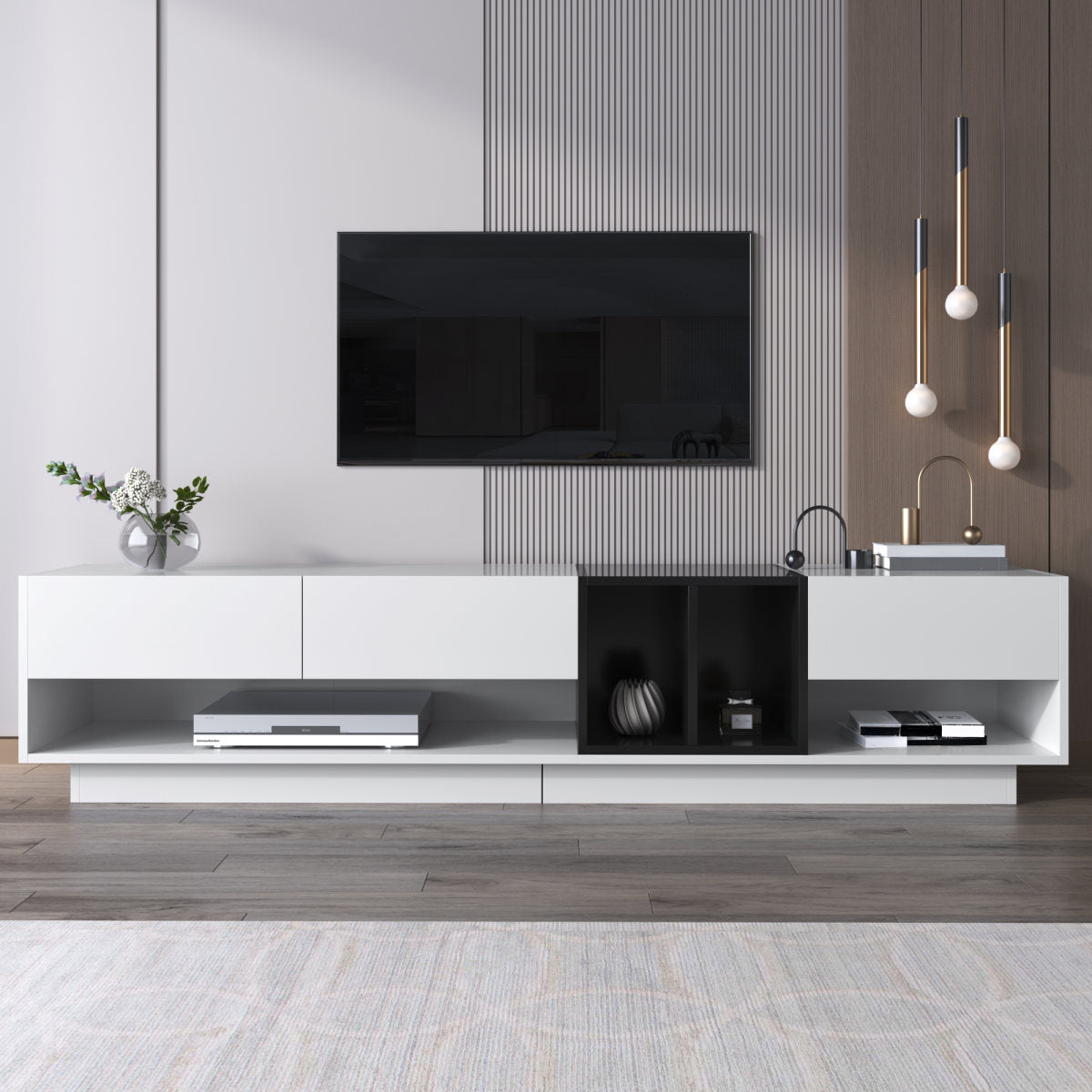 TV Cabinet Lowboard Combination In High-gloss White And Black. Color-block Design Featuring Drawers, Compartments, And Multiple Storage Spaces.