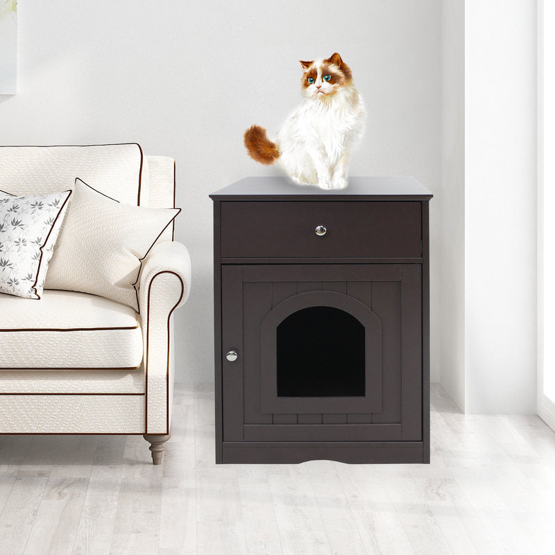 Black Wooden Cat Litter Box Enclosure W Drawer & Side Table, Indoor Pet Crate Nightstand For Home