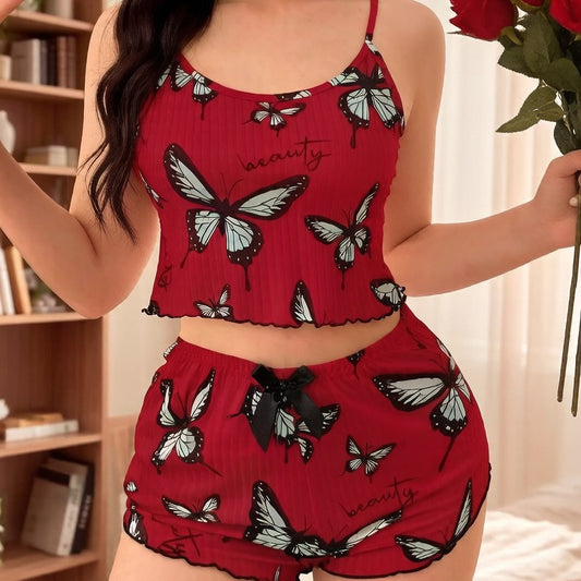 Women's Summer Thin Ribbed Home Wear Pajama Set Sexy Two-Piece