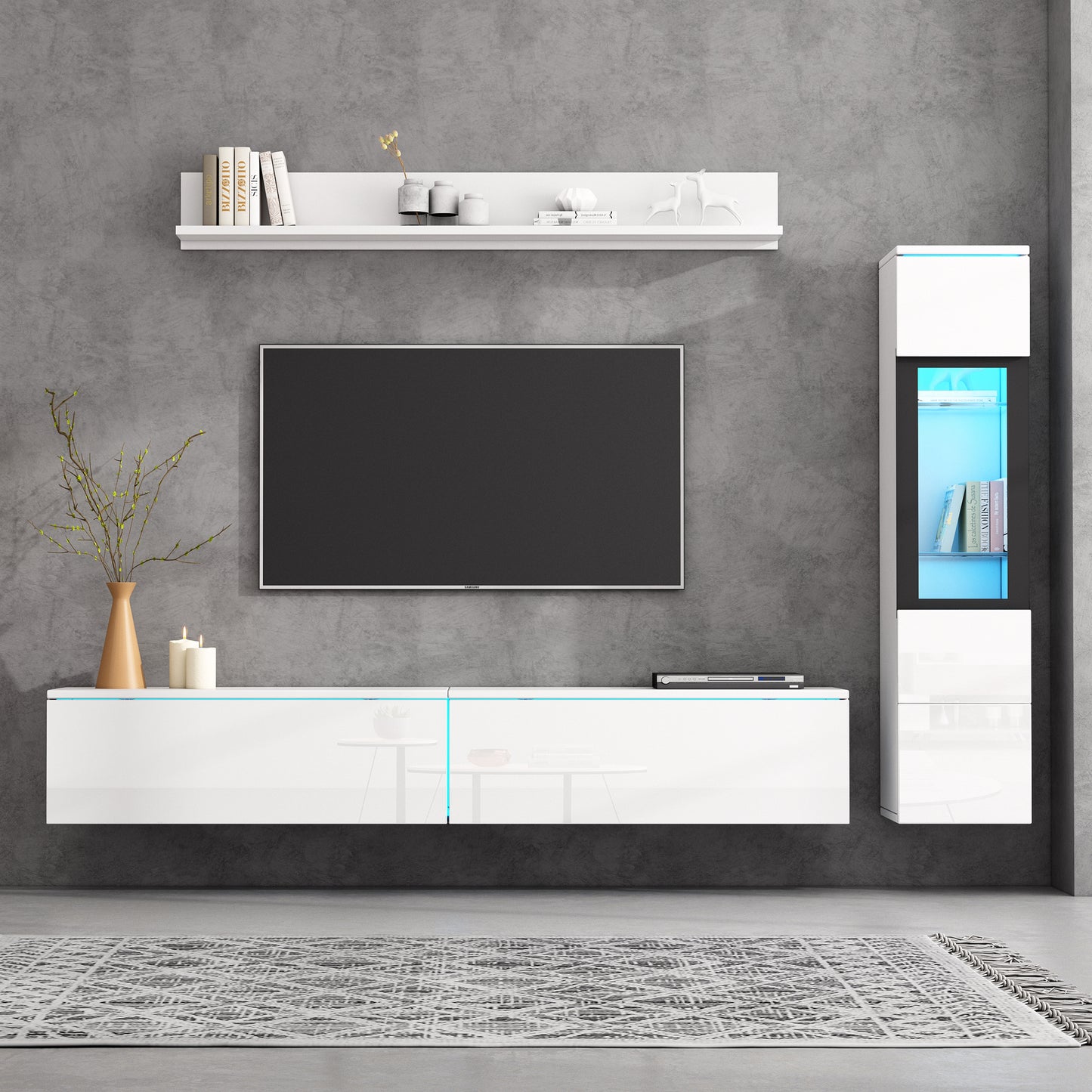 3-piece TV Wall Unit Set With LED Lighting, High-gloss White Living Room Furniture Set1 X TV Cabinet, 1 X Display Cabinet, 1 X Wall Shelf