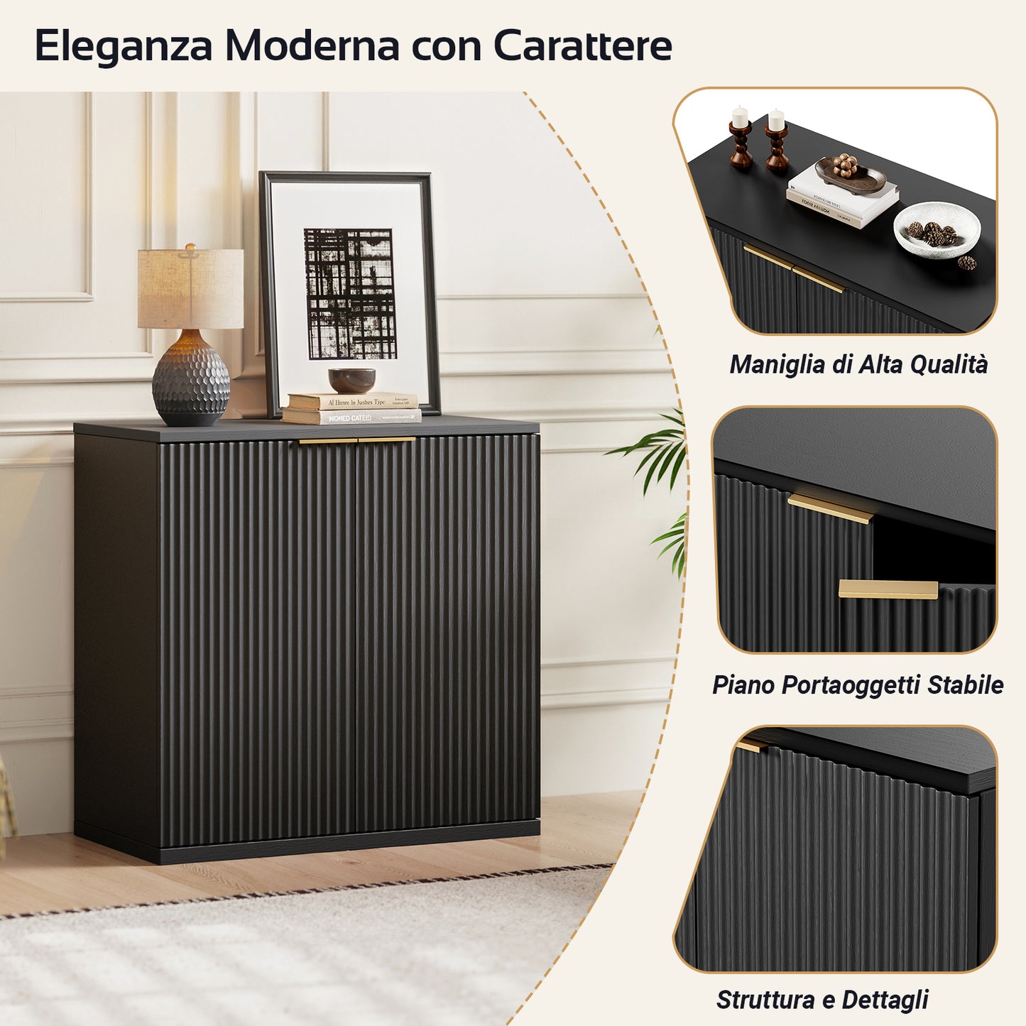 Modern Storage Cabinet With Pleated Front And Metal Handle, Multifunctional Sideboard Cabinet For Living Room & Bedroom, Natural Light Wood Decor, Black, 60x30x70 Cm