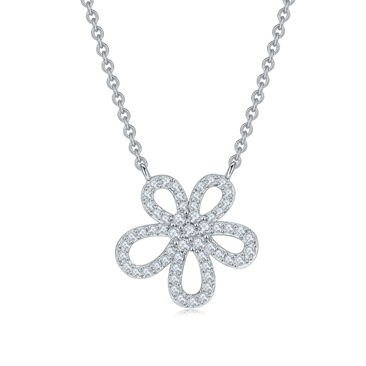 S925 Sterling Silver Dainty Flower Necklace, 49 D-VVS1 Moissanite Pave, Platinum Plated 1.1g With GRA Certificate & Gift Box