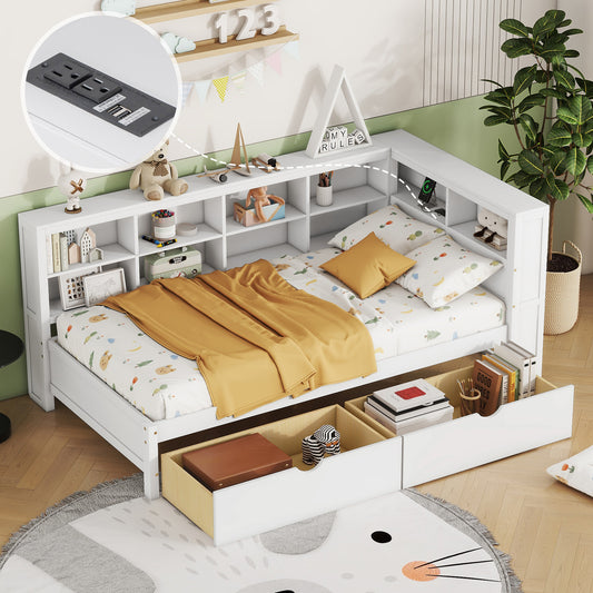 Wooden Twin Size DayBed With 2 Drawers, DayBed With Storage Shelf And USB Charging Ports,White OLD