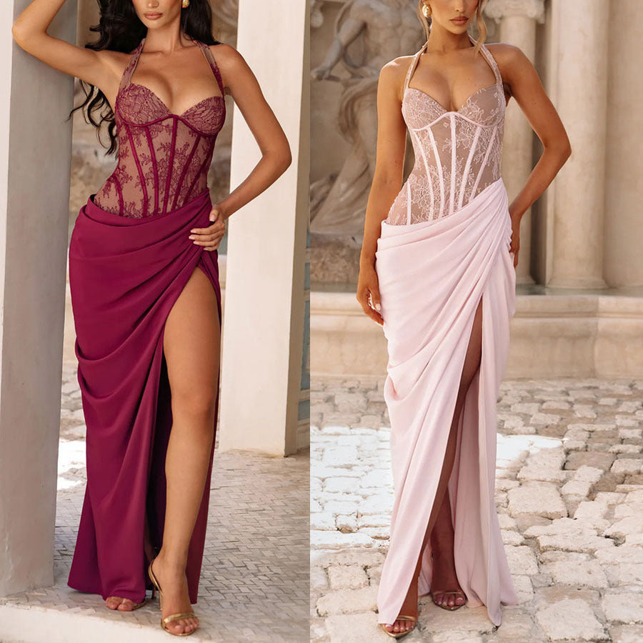SpringSummer New Halter-Neck Lace-Up Patchwork Dress