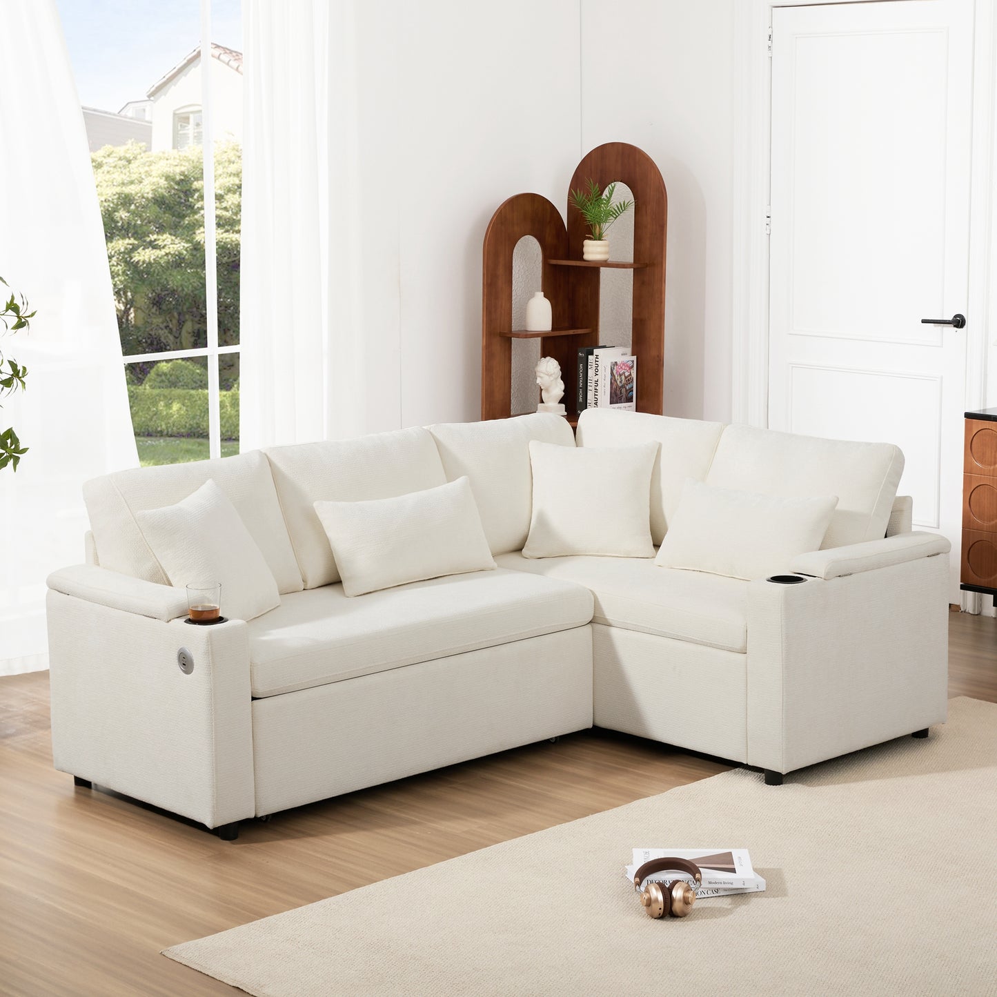 L-shaped Pull-out Corner Sofa, Canape Convertible With Storage, Cup Holder, USB Charging Port, Armrest Rest And Four Cushions. Suitable For Living Room, Guest Room, Home Theaters And Living, Beige