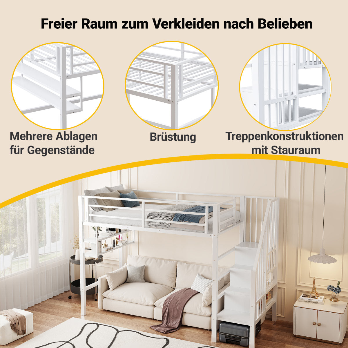 Loft Bed, 90x200cm , Shelves, Storage Ladder, Free Space Under The Bed For Dressing, Railing, Without Mattress, White