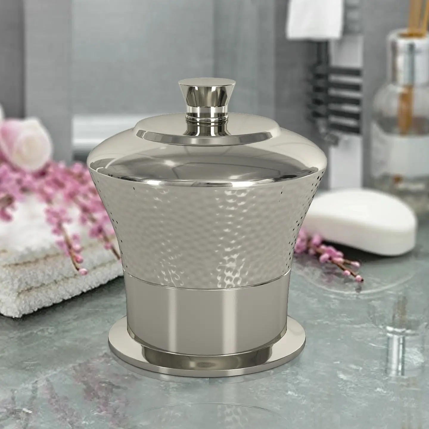 Classic Stainless Steel Vanity Jar Stylish Storage For Cotton Swabs,Sponges & Bath Salts   Decorative Canister For Bathroom,Bedroom   Hammered Shiny Finish