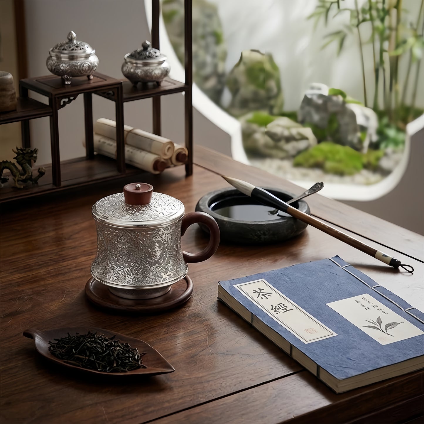 925 Sterling Silver Elegant  Teapot with Intricate Floral Engraving and Wooden Accents-Premium Tea Mug - Handicraft