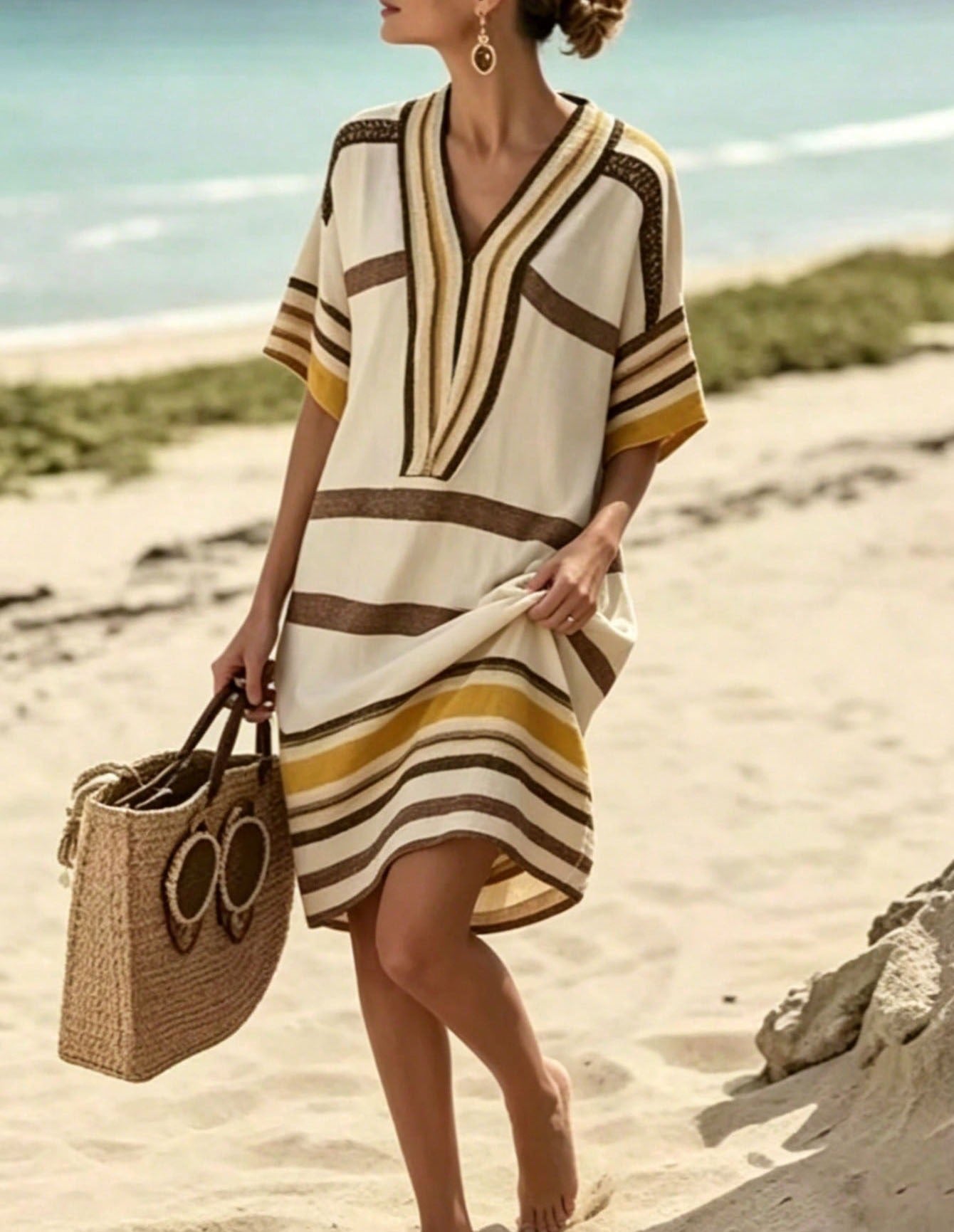 2026 New Summer Arrival, European & American Cross-Border In Stock, Printed Stripes Fashion Casual Loose Versatile V-Neck Midi Dress