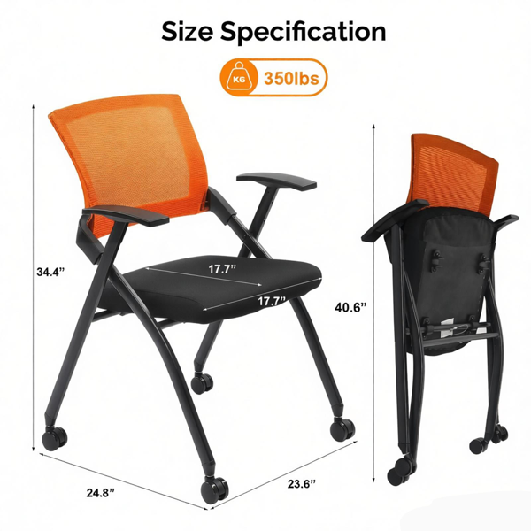 1 Pack Stackable Conference Room Chairs With Wheels,Folding Office Chair With Rebound Back,Padded Seat For Training Room,Guest,Reception,Event,Capacity 350lbs,Orange
