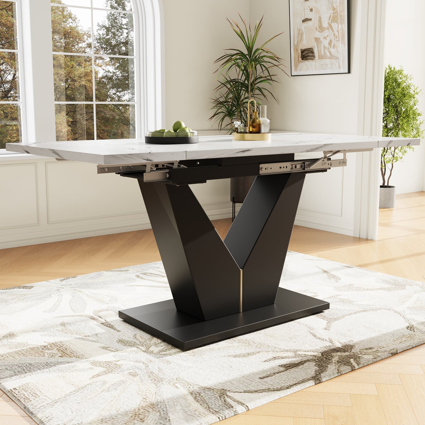 Telescopic Dining Table  99-159x75cm , Extendable Dining Table, Space-Saving Kitchen Dining Table, Wide Work Surface, Flexible Design, Suitable For Home Office And Living Room, White Table Top With V-