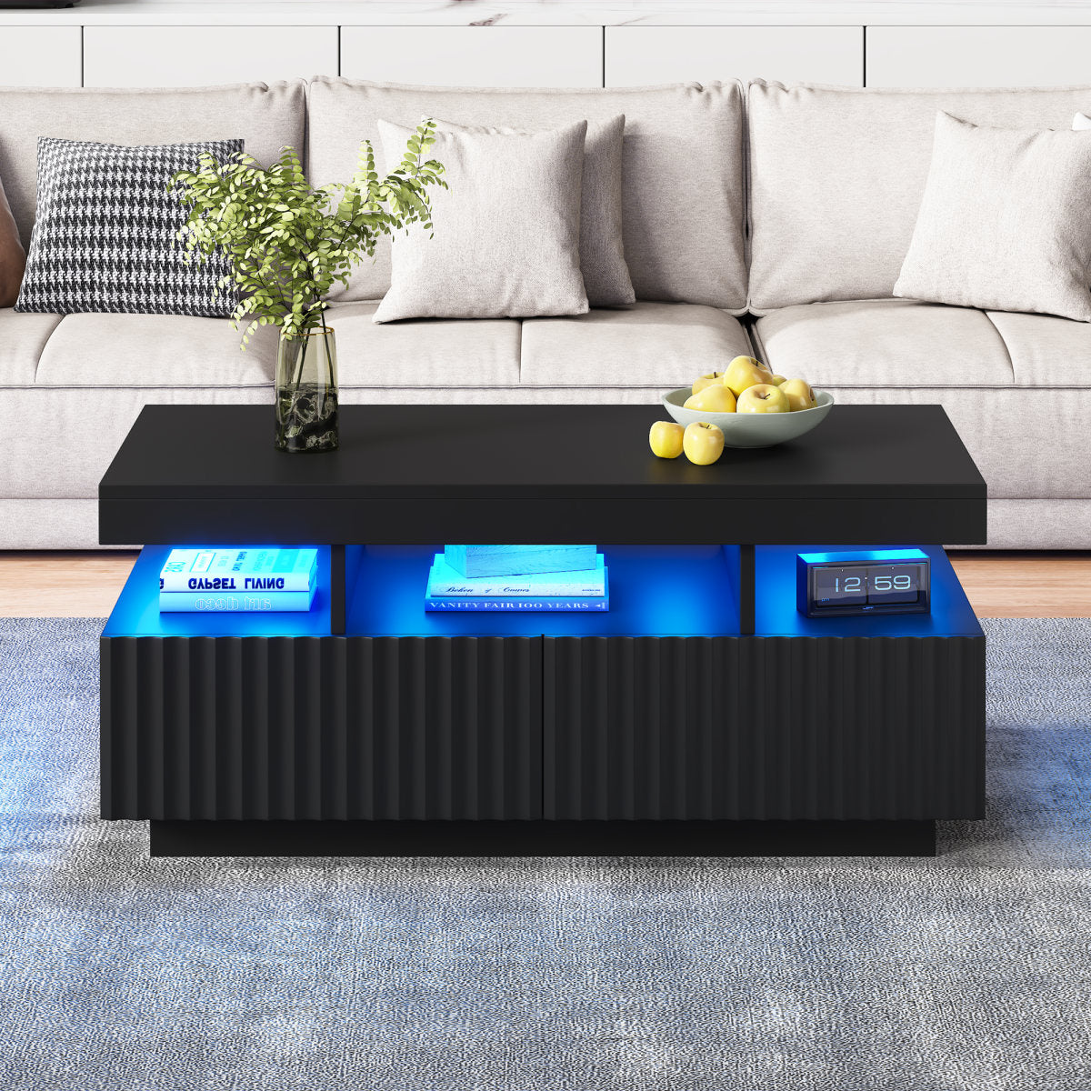 100 X 50 X 45 Cm Large Coffee Table With Two Drawers,Vertical Striped, Vacuum Molded Tea Table, Living Room Table,Coffee Table With LED Light Bar,Black