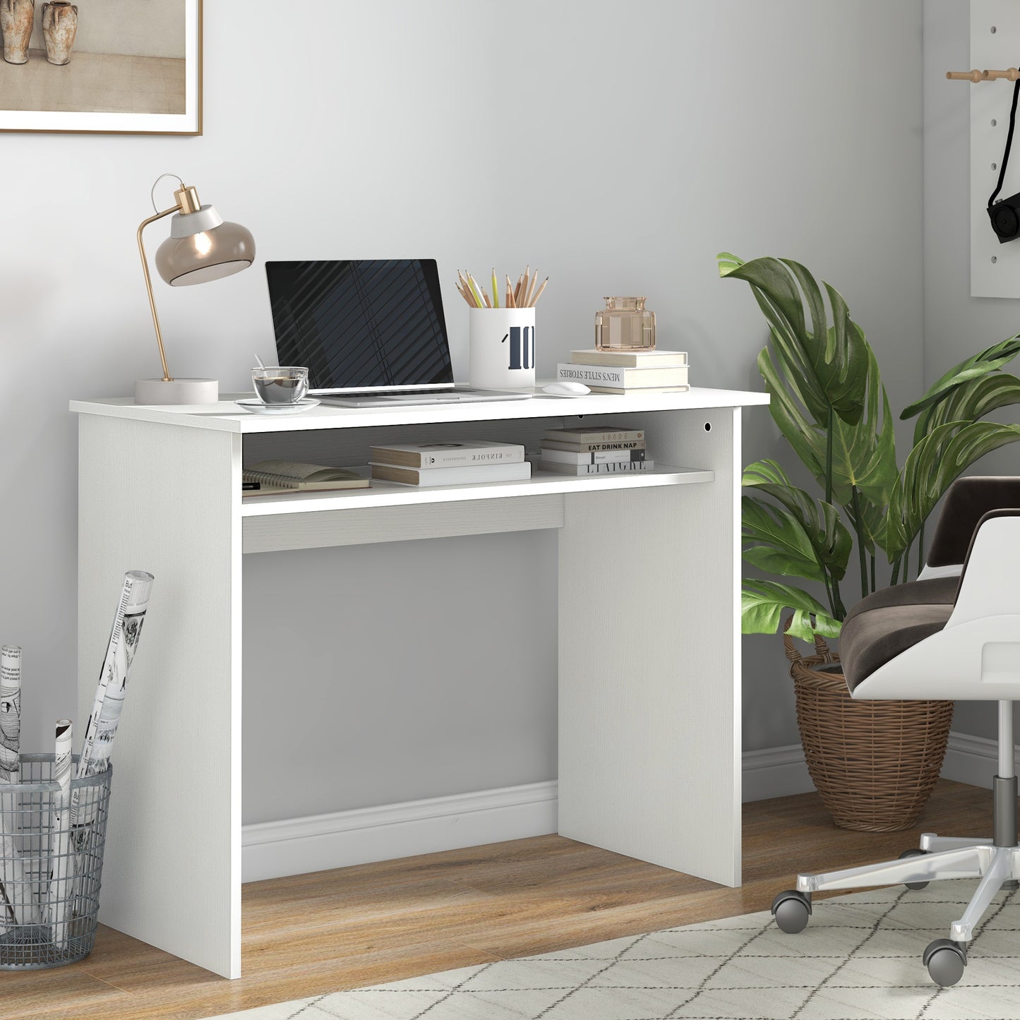 Modern Computer Desk, Home Office Table, Small Writing Desk With Storage Shelf, 90 X 50cm, White Wood Grain