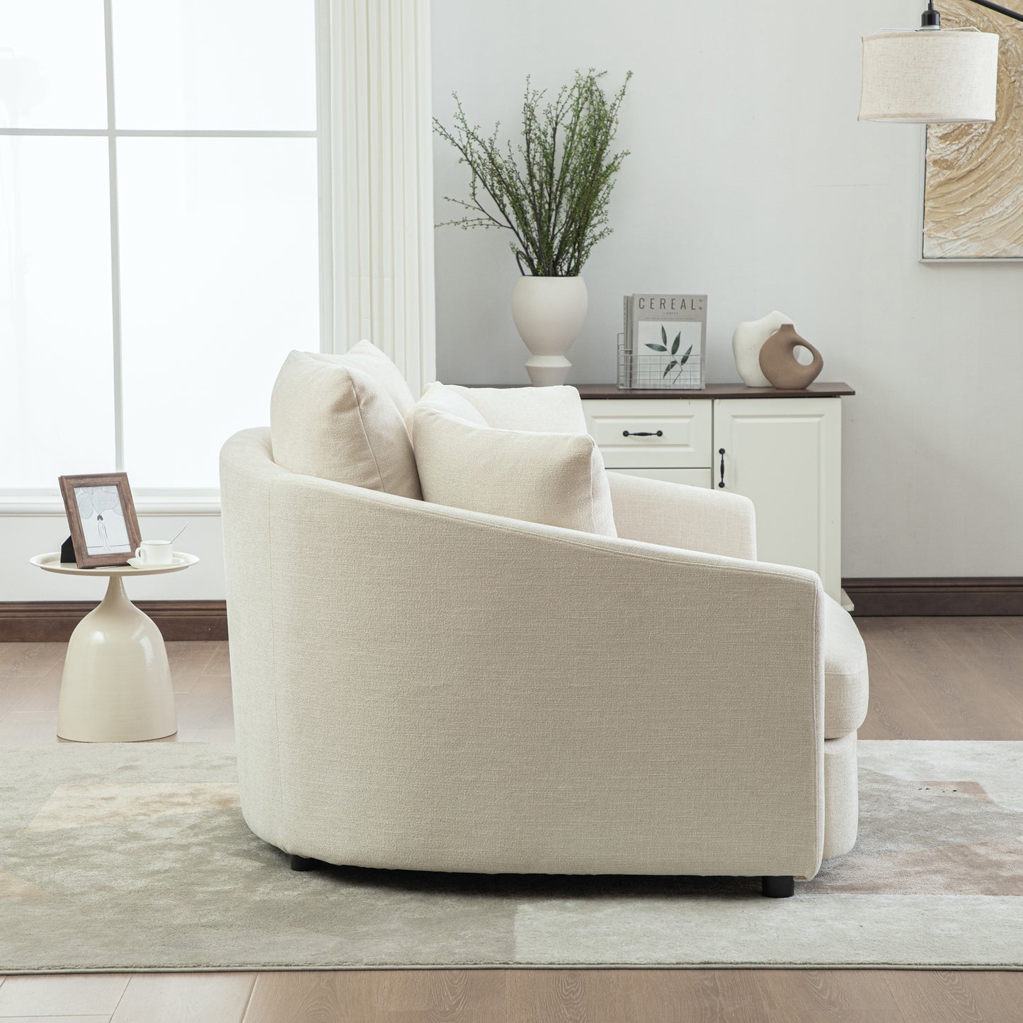 56.3  Wide Upholstered Round Accent Cuddle Chaise With Pillows, Cozy Oversized Slipcovered Barrel Lounger Chair With Deep Seat Reading Armchair For Club, Living Room, Bedroom, Office, Lounge, Beige