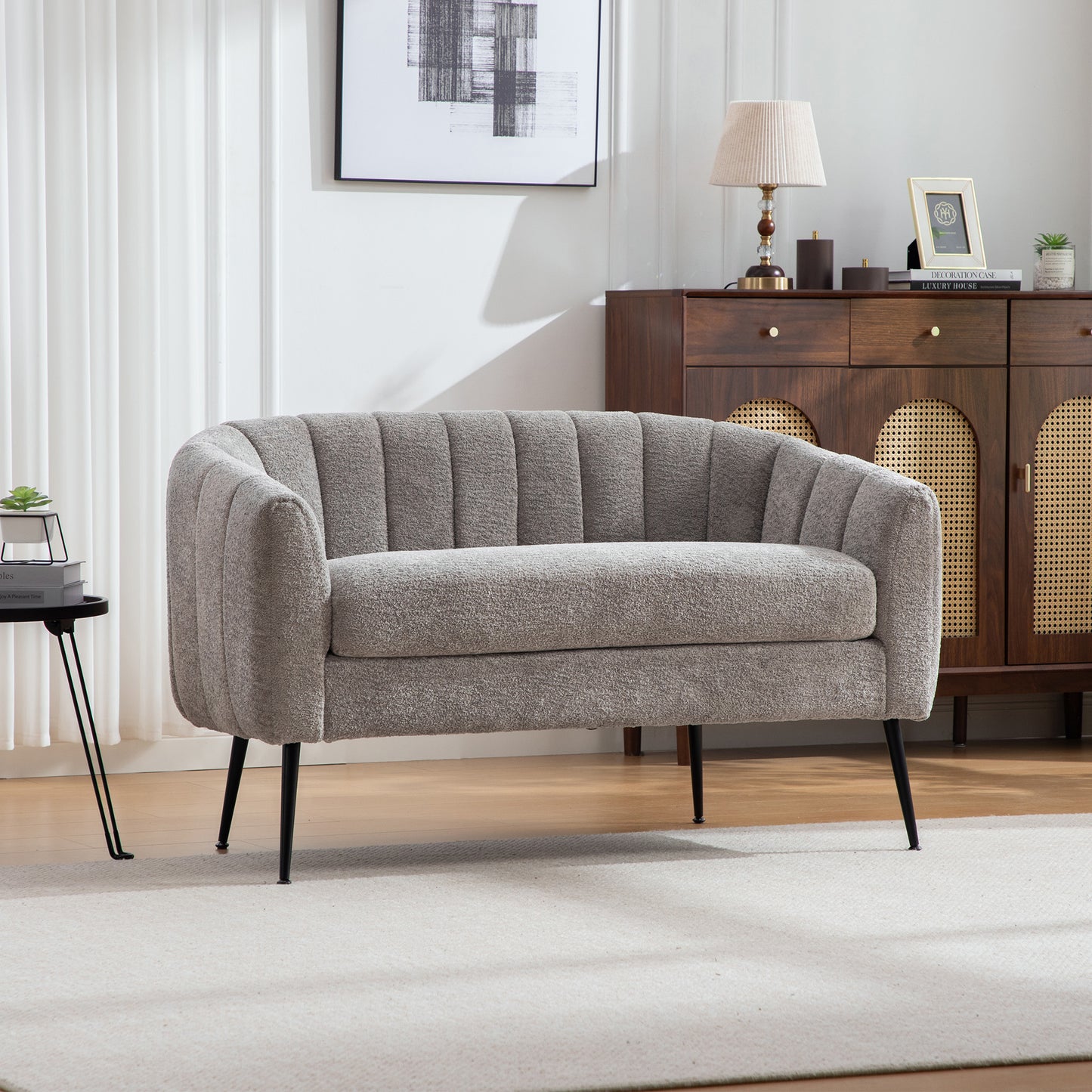 Chenille Upholstered Mini Reclining Sofa Accent Sofa, Modern Gloss Two-Seater Sofa With Metal Legs & Grooved Upholstery, For Living Room, Bedroom, Office, Small Rooms, GRAY