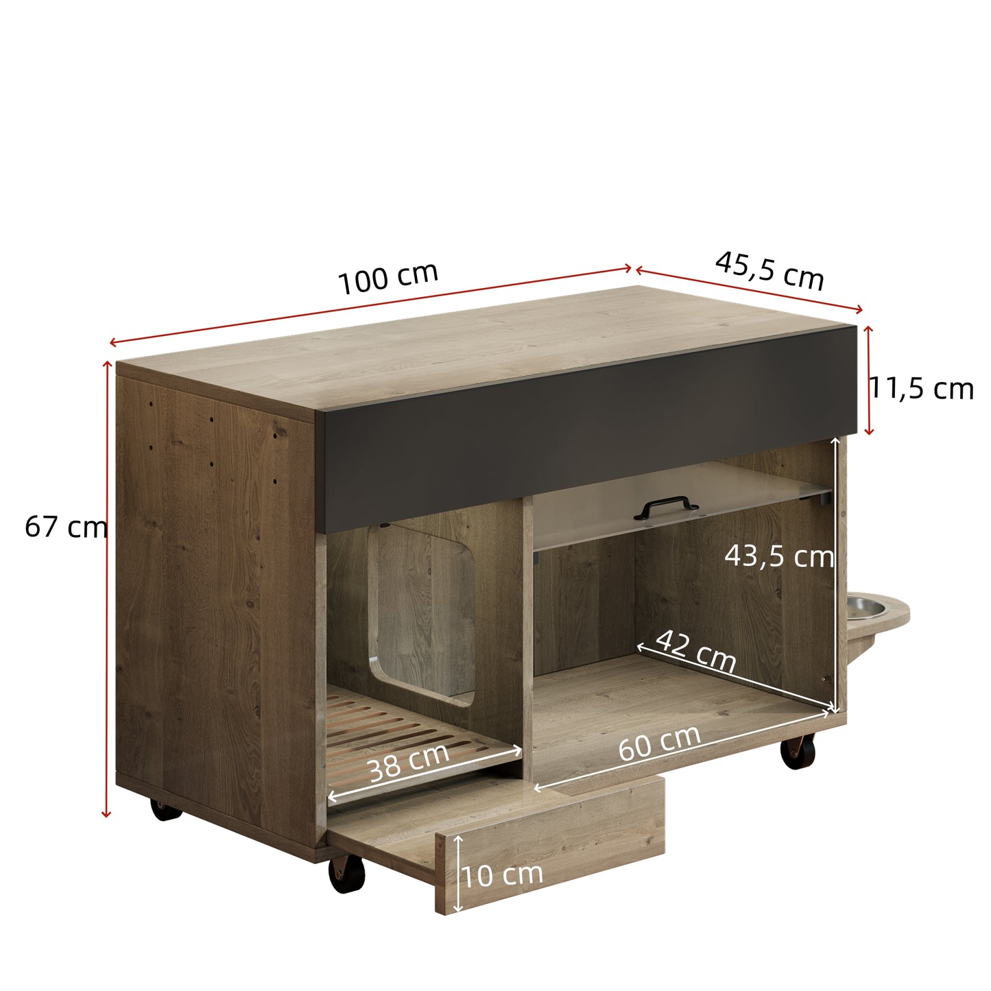 Movable Litter Box Cabinet  Litter Box Cabinet  With Cat Food Plates, Sand Drip Tray, Perforated Plate With Hook Holes, Without Litter Box, 1 0 0x45.5x67 Cm  Antique Grey-brown Colour, Oak Wood Colour