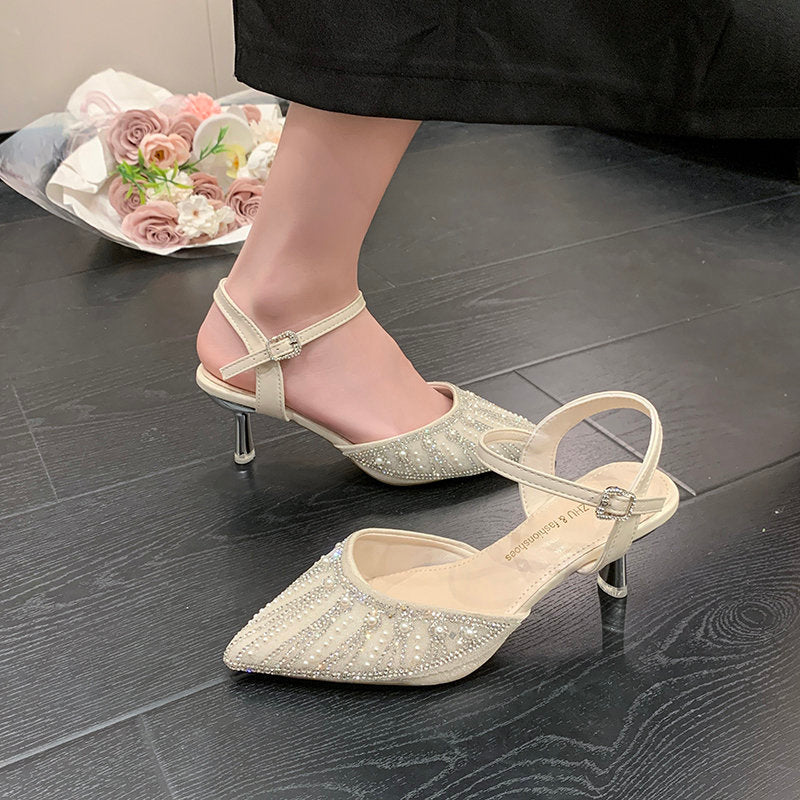 Women's French Pointed Toe Half Closed Toe Sandals, Rhinestone Medium Block Heel Slip On Pumps, Fairy Style Outdoor Shoes, New Spring & Summer Collection