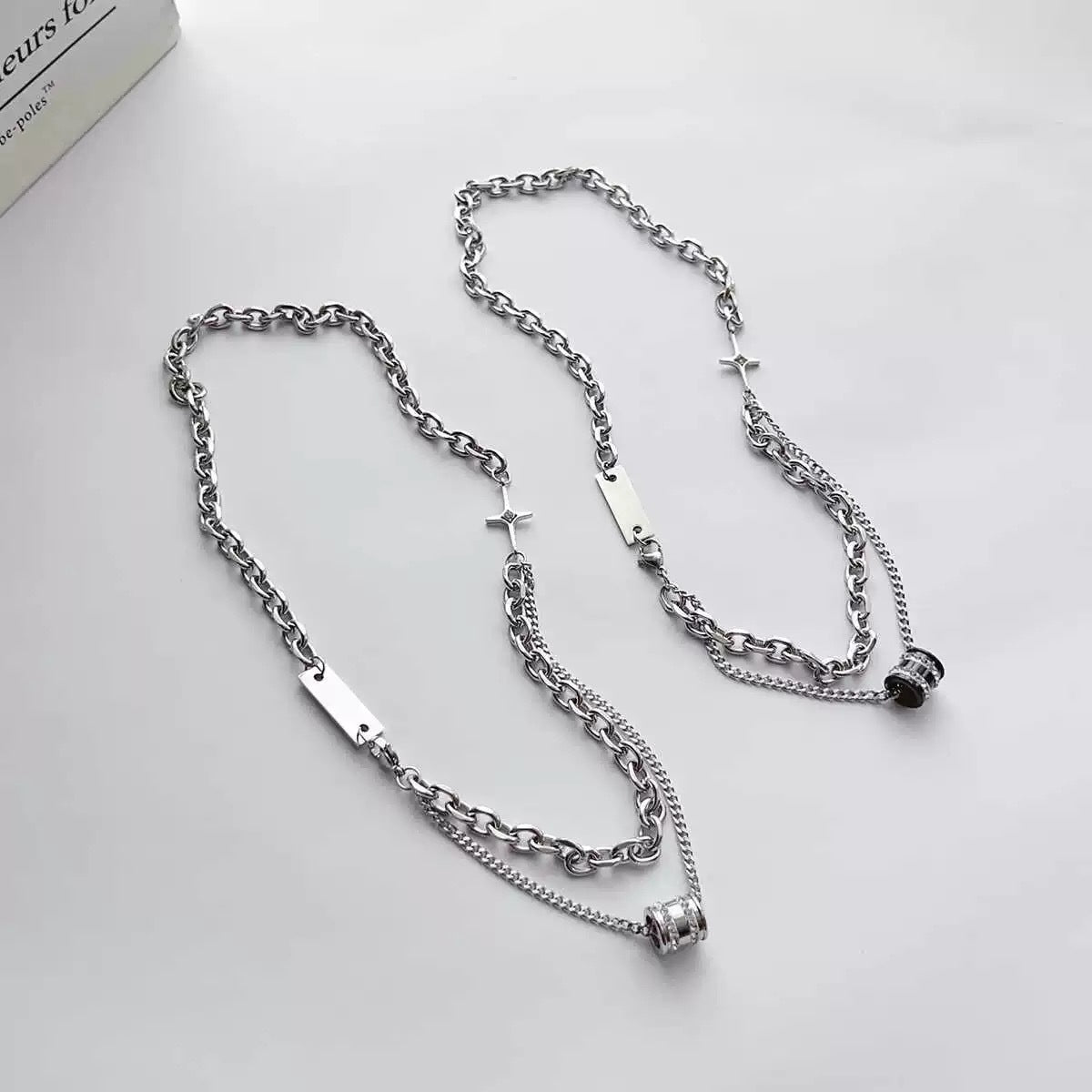 New Double-Layer Stacked Diamond-Encrusted Transfer Beads Titanium Steel Necklace Men's Hip-Hop Trendy Cool High-End Clavicle Chain Versatile Accessories