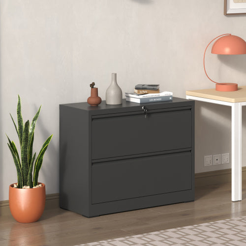 Lateral File Cabinet 2 Drawer, Black Filing Cabinet With Lock, Lockable File Cabinet For Home Office, Locking Metal File Cabinet For Legal Letter A4 F4 Size