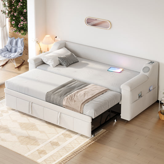 Upholstered Bed Sofa Bed, 90 180x190 Cm, Armrests Wider And Thicker, With Smart Bluetooth Stereo System With USB Charging Port, With Storage Compartments, With Slatted Base, Velvet Fabric, Beige