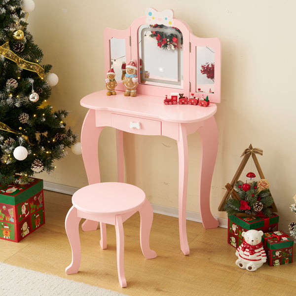 Kids Vanity Table And Chair Set, 2-in-1 Girls Vanity With Tri-Folding Mirror & 3-Color LED Lights, 1 Drawer, Pretend Play Makeup Dressing Princess Table For Toddlers, Pink