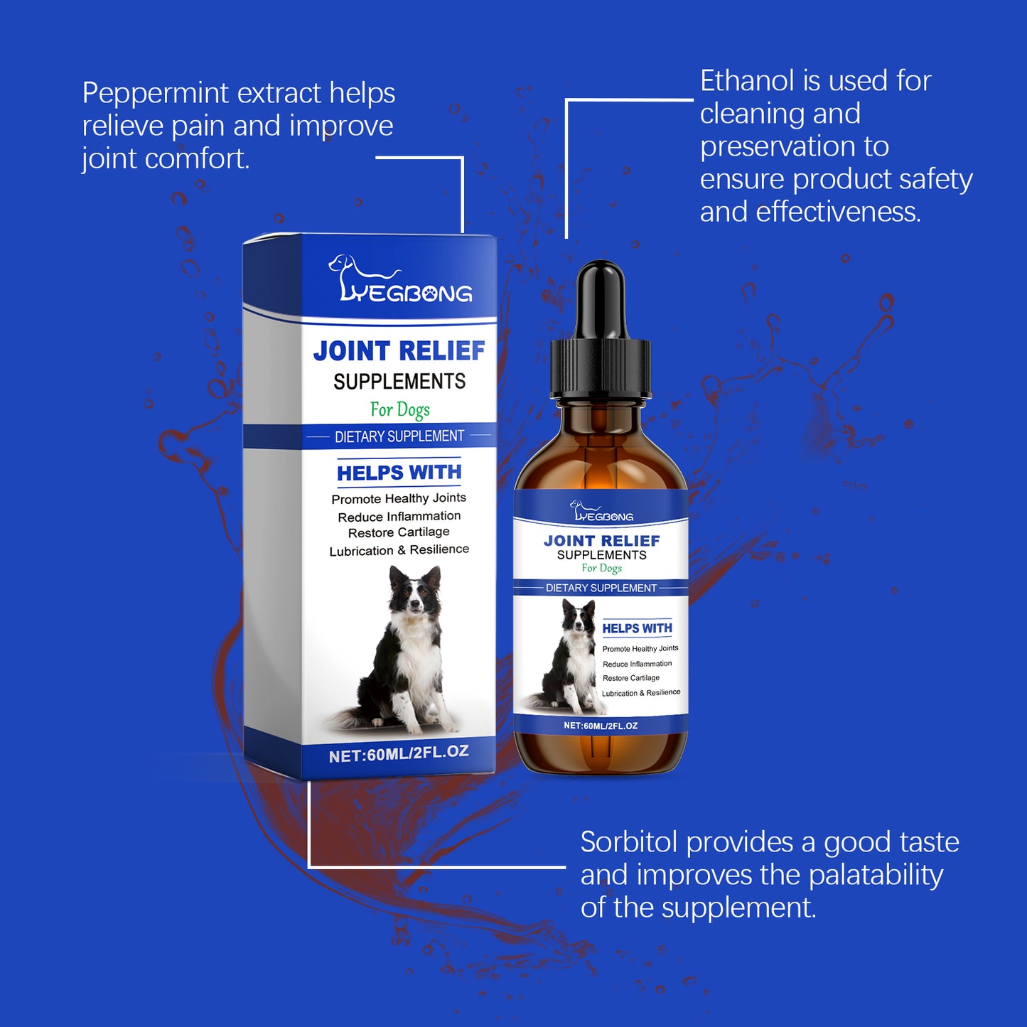 Dog Joint Relief Liquid Supplement Drops, Hip & Joint Care Support For All Breeds Dogs, Relieve Joint Pain, Reduce Inflammation, Restore Cartilage, Improve Mobility, 60ml