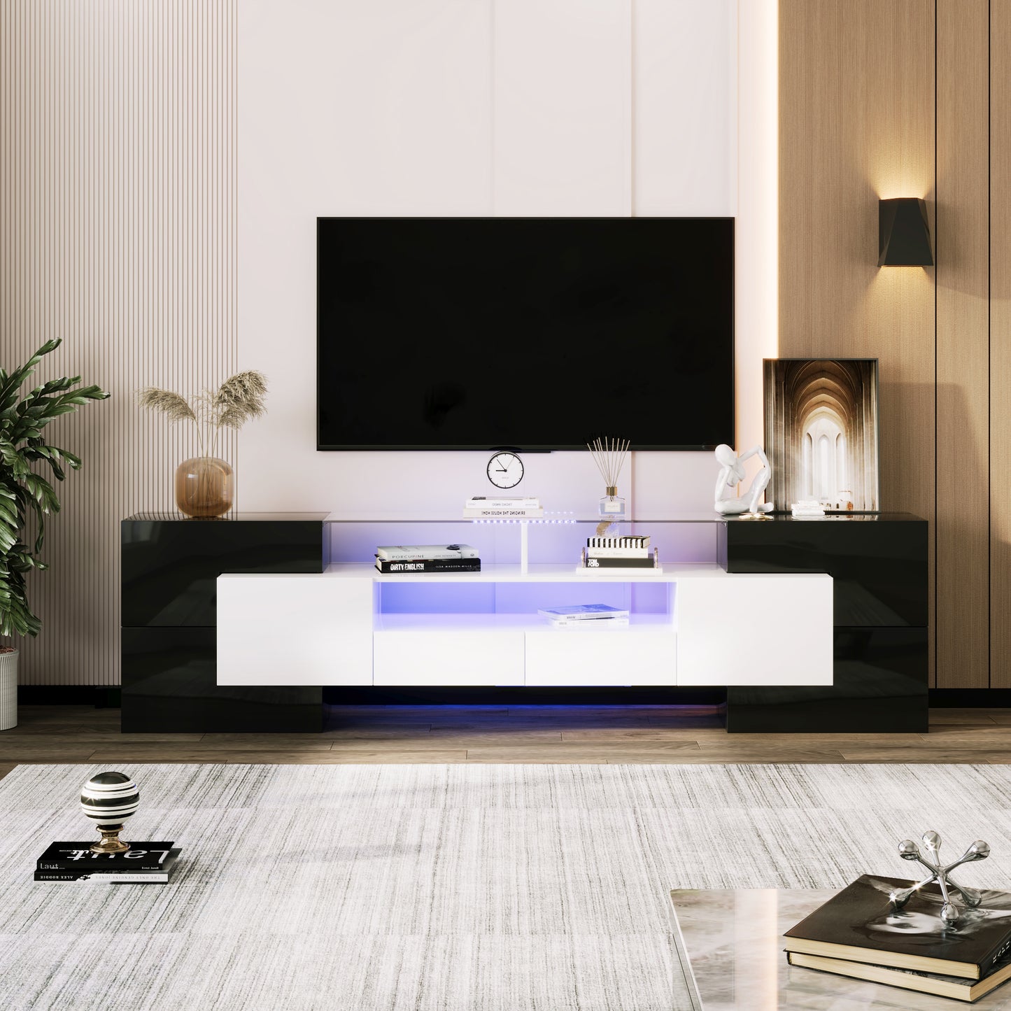 Stylish TV Cabinet, Low Panel. High Gloss White And Black, 200 Cm, LED Lighting For Living Room Furniture. Modern Design. Elegant Glass Surface