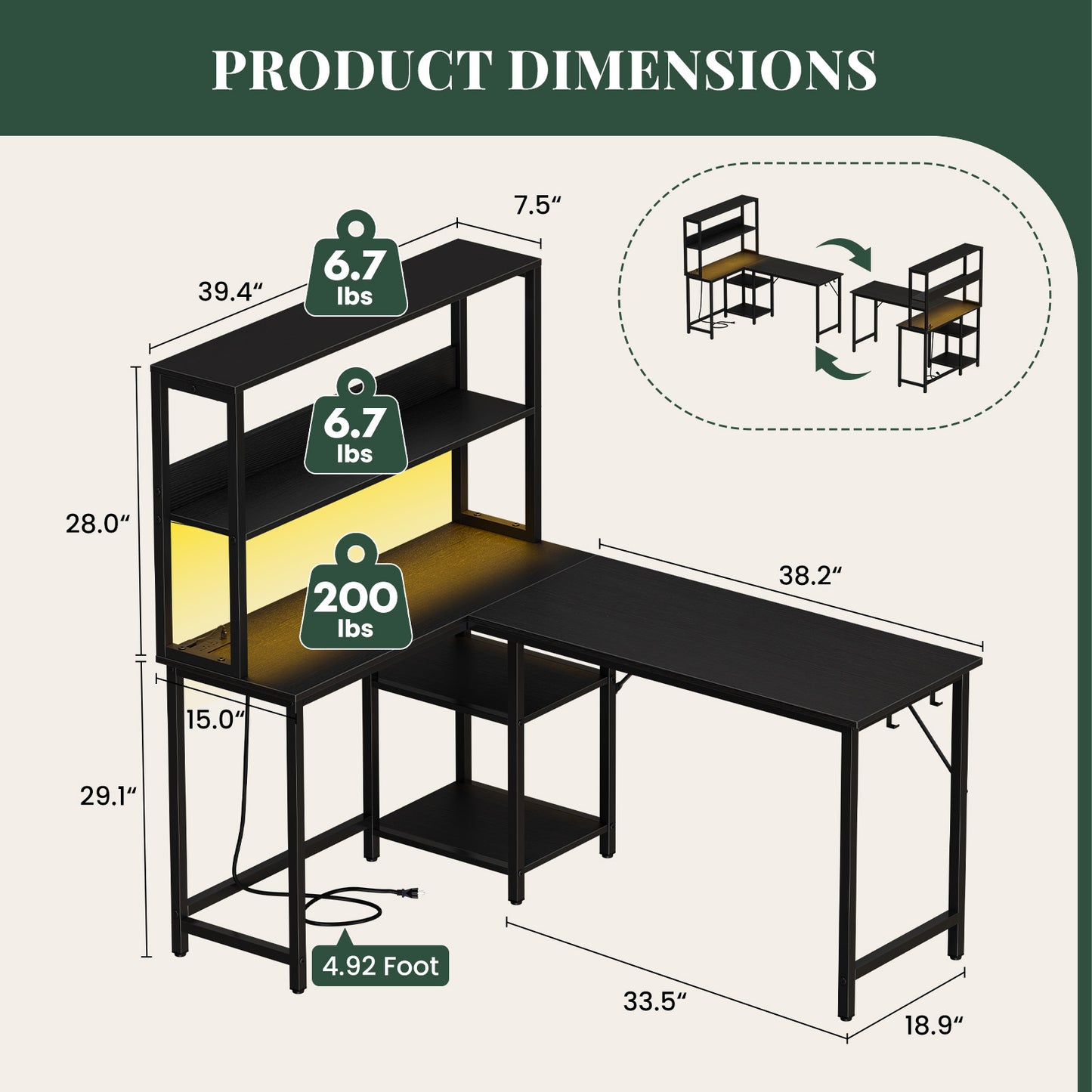 L-shaped Gaming Table, Flip-up Computer Desk With Power Socket And LED Lights, Equipped With Storage Shelves And Hooks
