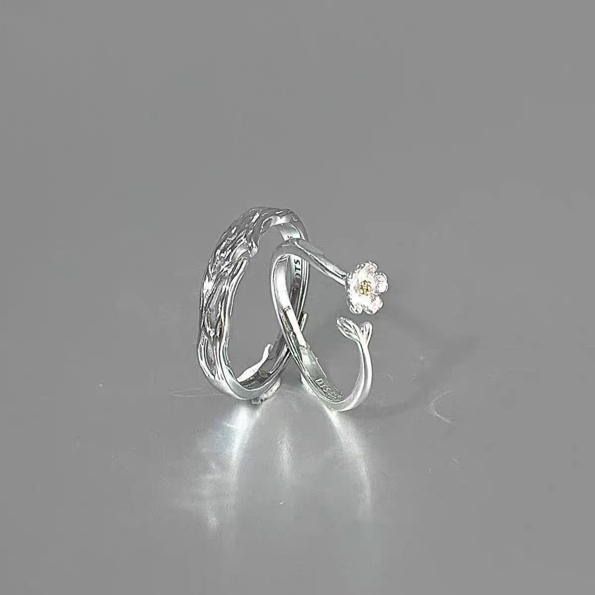 1 Pair 999 Sterling Silver Twig & Flower Couple Rings, Minimalist Romantic Style, For Daily Wear & Valentine's Gifts