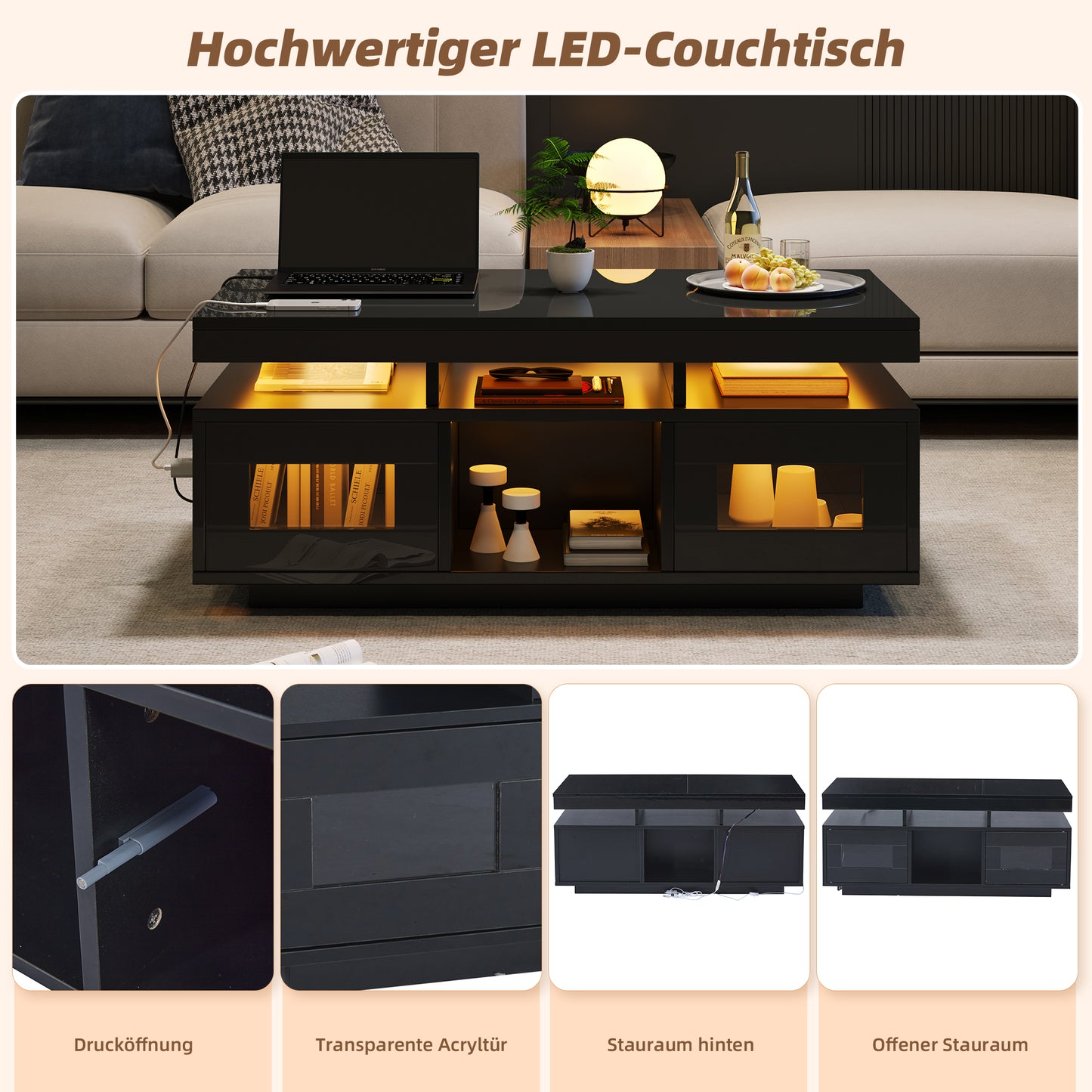 100x50x43cm Black High Gloss Coffee Table, With LED Lights Controllable By Mobile App, Living Room Table With Cabinet, Sofa Table With Charging Port And Socket, Suitable For Office, Study