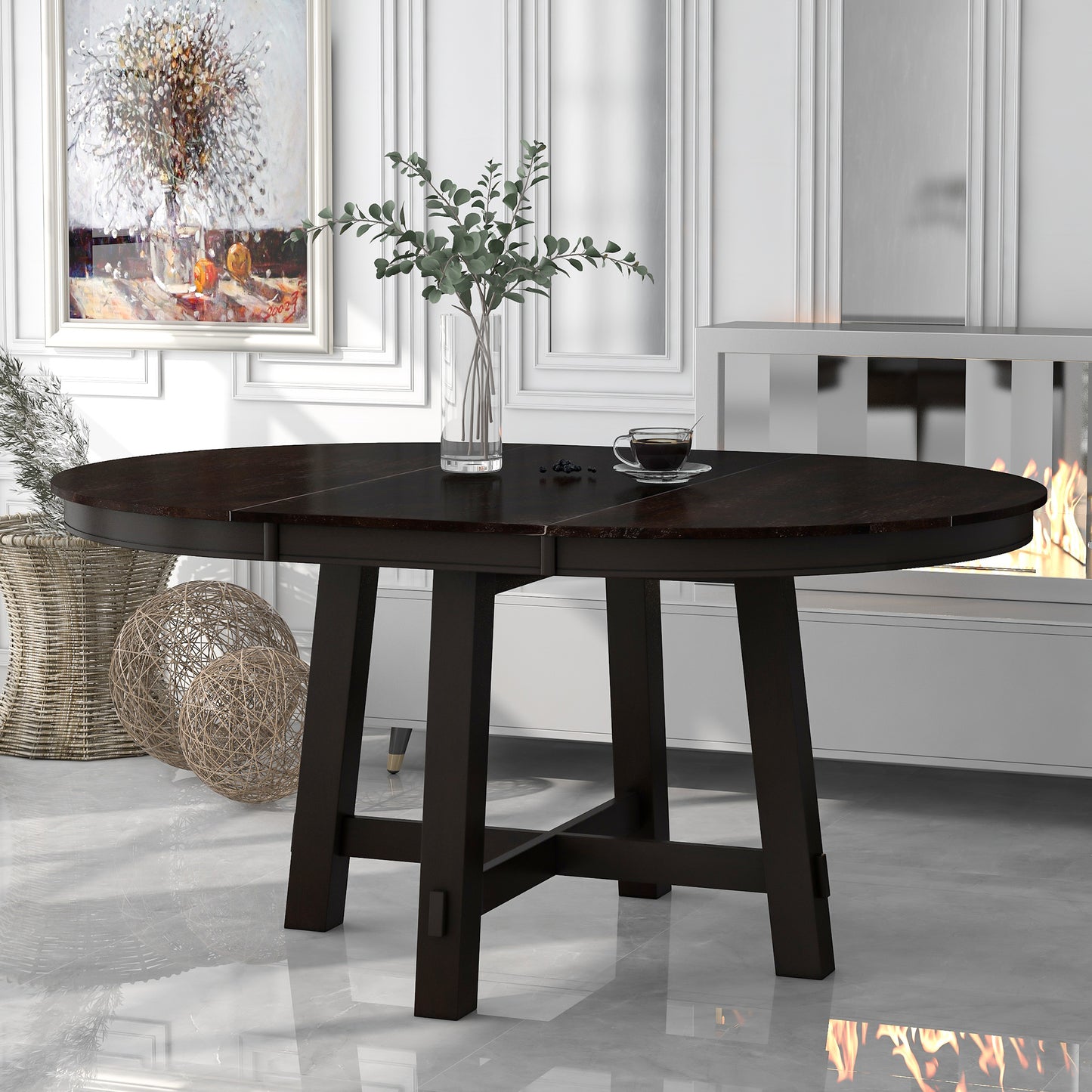 TREXM Farmhouse Round Extendable Dining Table With 16 Leaf Wood Kitchen Table  Espresso