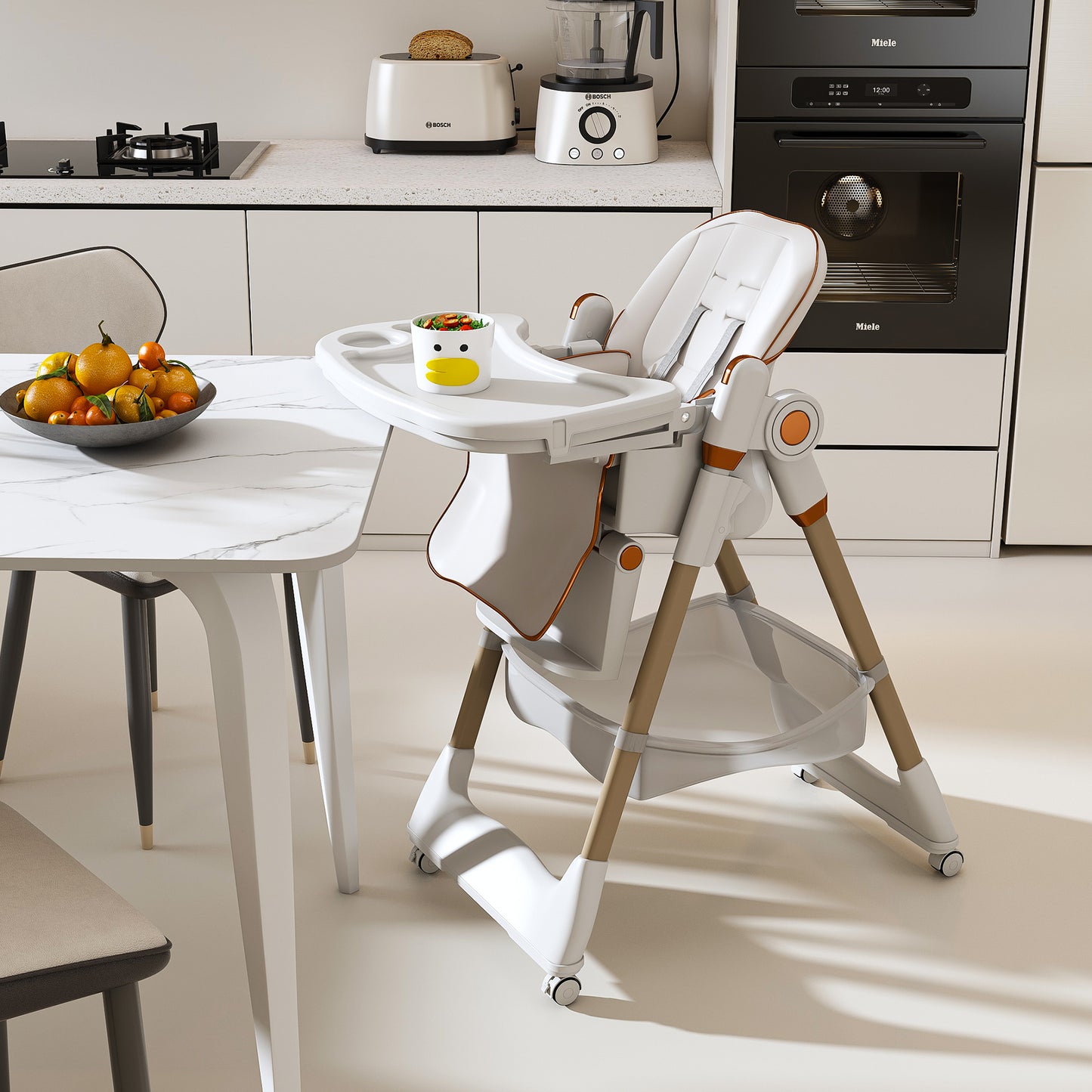 Adjustable Baby High Chair 0-6 Years  Portable Infant Feeding Seat With Safety Belt, Silent Lockable Wheels & Easy-Clean Design For Home, Dining, Living Room, Bedroom  White