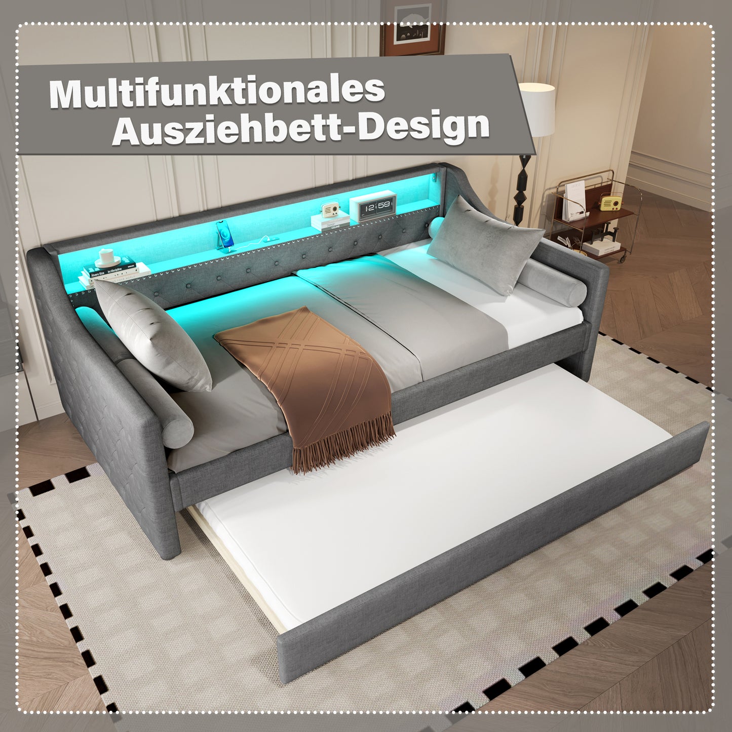 Daybed, 90 X 200cm, Sofa Bed, Daybed With Slatted Base  Without Mattress , With LED Lights, Bed With Pull-out Bed, USB Charging Socket, Linen, Grey