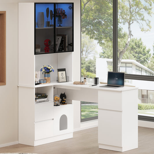 Corner Desk With Shelf And LED Display Cabinet 120x80x180 Cm- Desk With Cable Outlet, 3 Drawers, 2 Doors, Open Compartments & Pet Compartment, A Corner Desk With Built-in Bookshelf