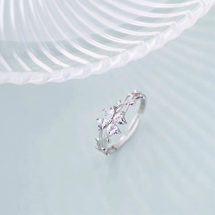1 Piece 999 Sterling Silver Four-Leaf Clover CZ Ring, Delicate Vine Band Style, For Daily Wear & Valentine's Gifts