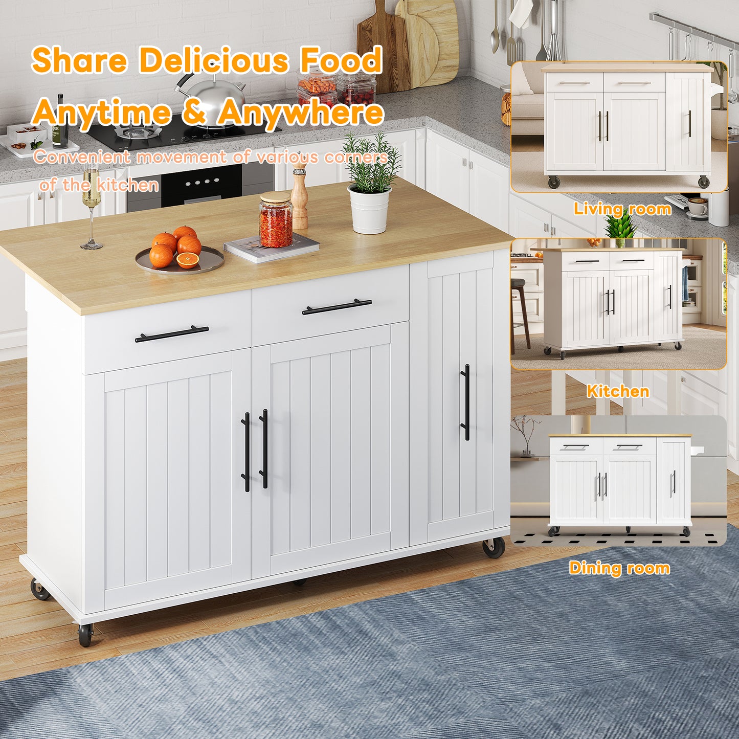 Kitchen Island With Drop Leaf, Storage Trolley With 3-tier Pull-out Cabinet Organizer, Internal Storage Rack, Rolling Cart With Towel Holder & 2 Drawers For Dining Room, White