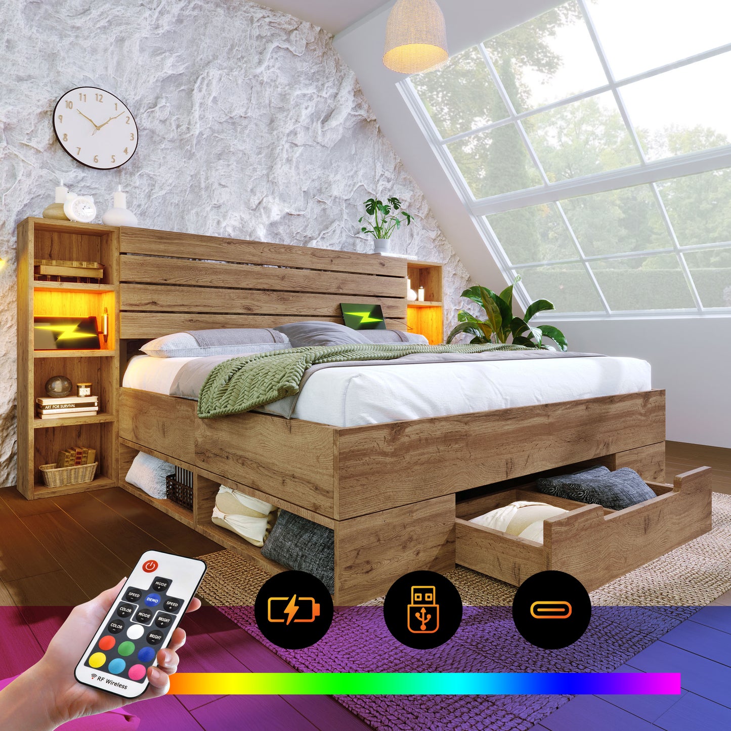 Double Bed Solid Wood Bed 160x200, Storage Bed Bed System With LED Lighting And USB C Storage Headboard And Drawers, Bed Frame Slatted Wood Frame, Oak Without Mattress